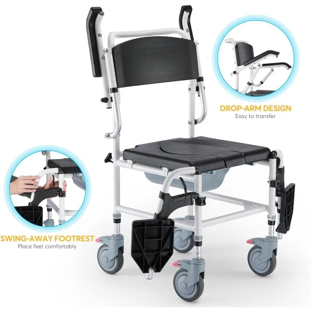 OasisSpace Shower Commode Wheelchair - 300LB Waterproof Shower Chair with Wheels, Rolling Shower Chair with Swing Away Footrests - All Care Store