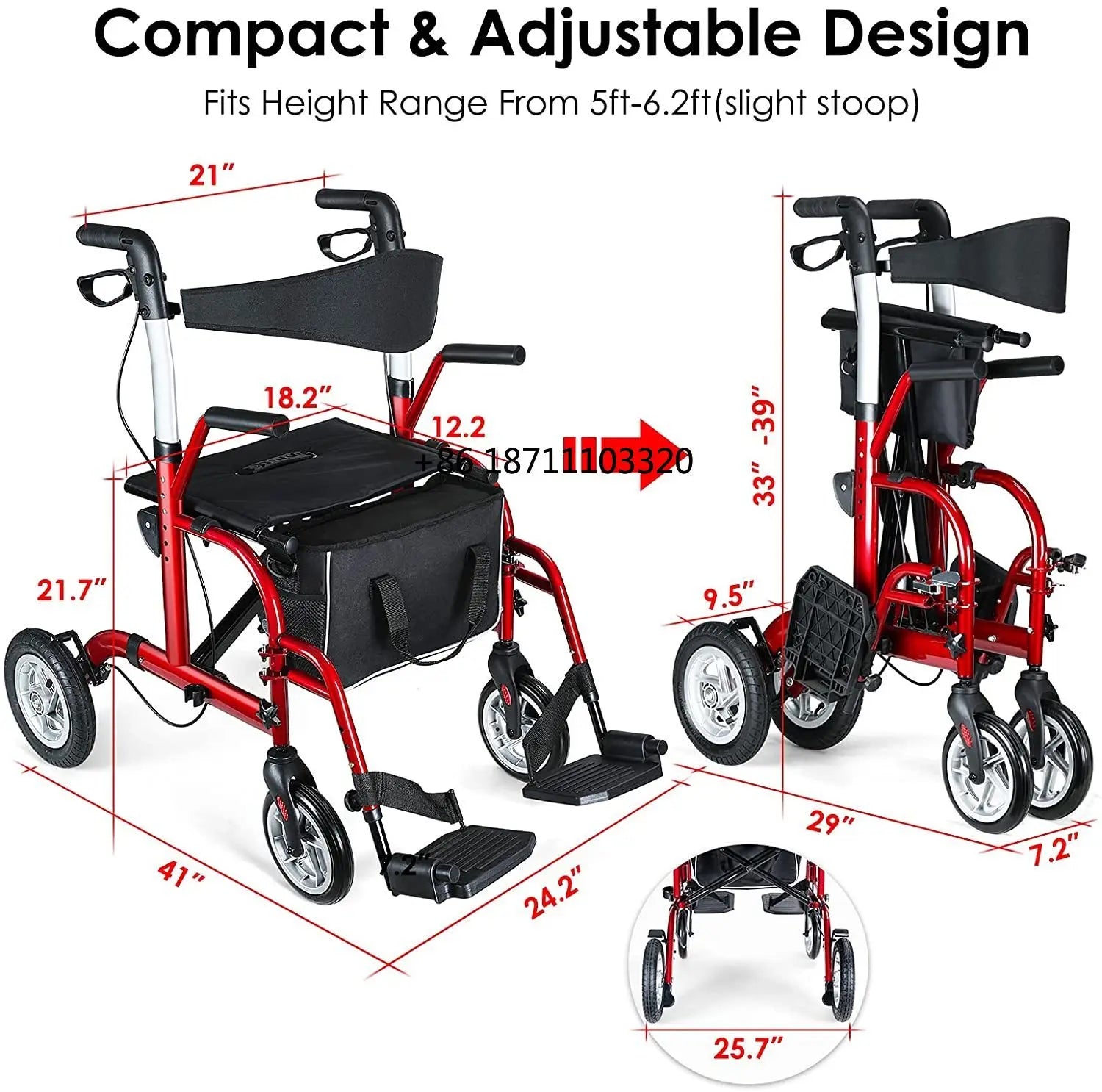 HCT-9124G Health Home Care Medical Easy-folding Rollator Walker for Seniors Rehabilitation Training Mobility Aids with Seat