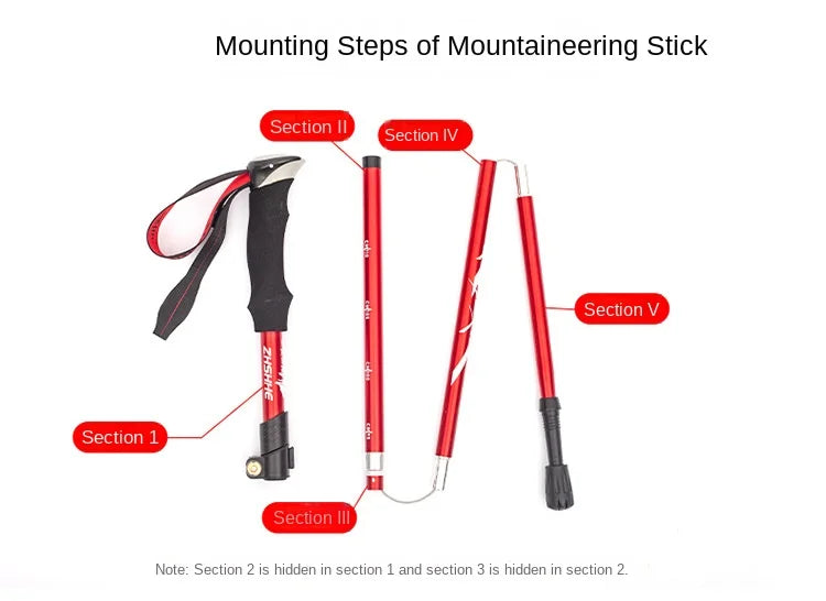 Trekking Pole Folding Aluminum Alloy Ultra Light Ultra Short Telescopic Outdoor Walking Cane 5 Sections Hiking Climbing Cane