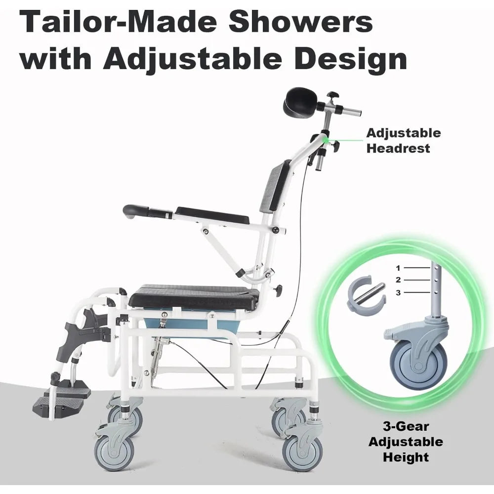 4-in-1 Bedside Commode Chair, Tilt 30°Shower Commode Wheelchair, Shampoo Chair with Headrest, Adjustable Transport Rolling Chair