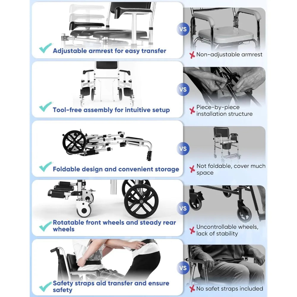 Shower Chair with Wheels,Hybodies Folding Shower Wheel, Transport Chair,Commode, Rolling Bath Chair for Handicap,Elderly&Injured
