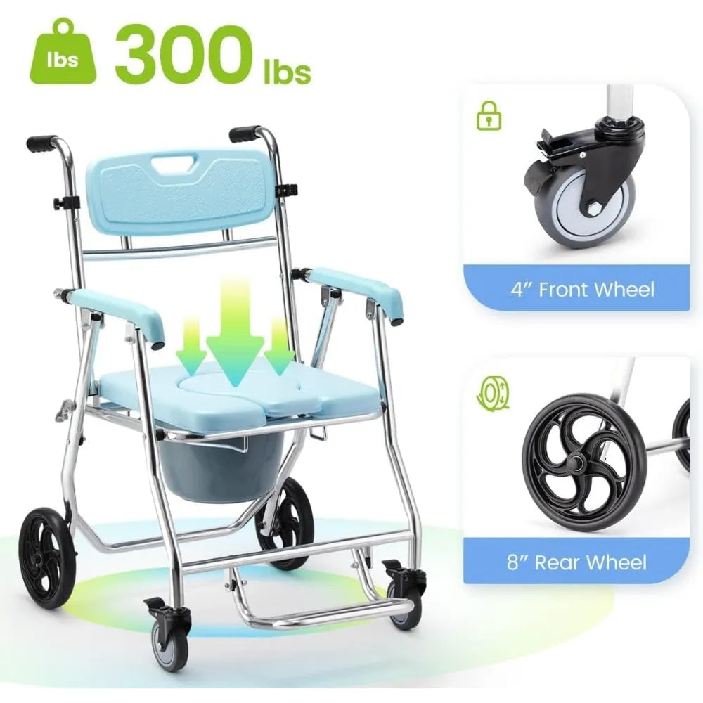 OasisSpace Folding Shower Commode Wheelchair - 300lbs Bedside Commode with Padded Seat,Waterproof Rolling Shower Chair with Arms