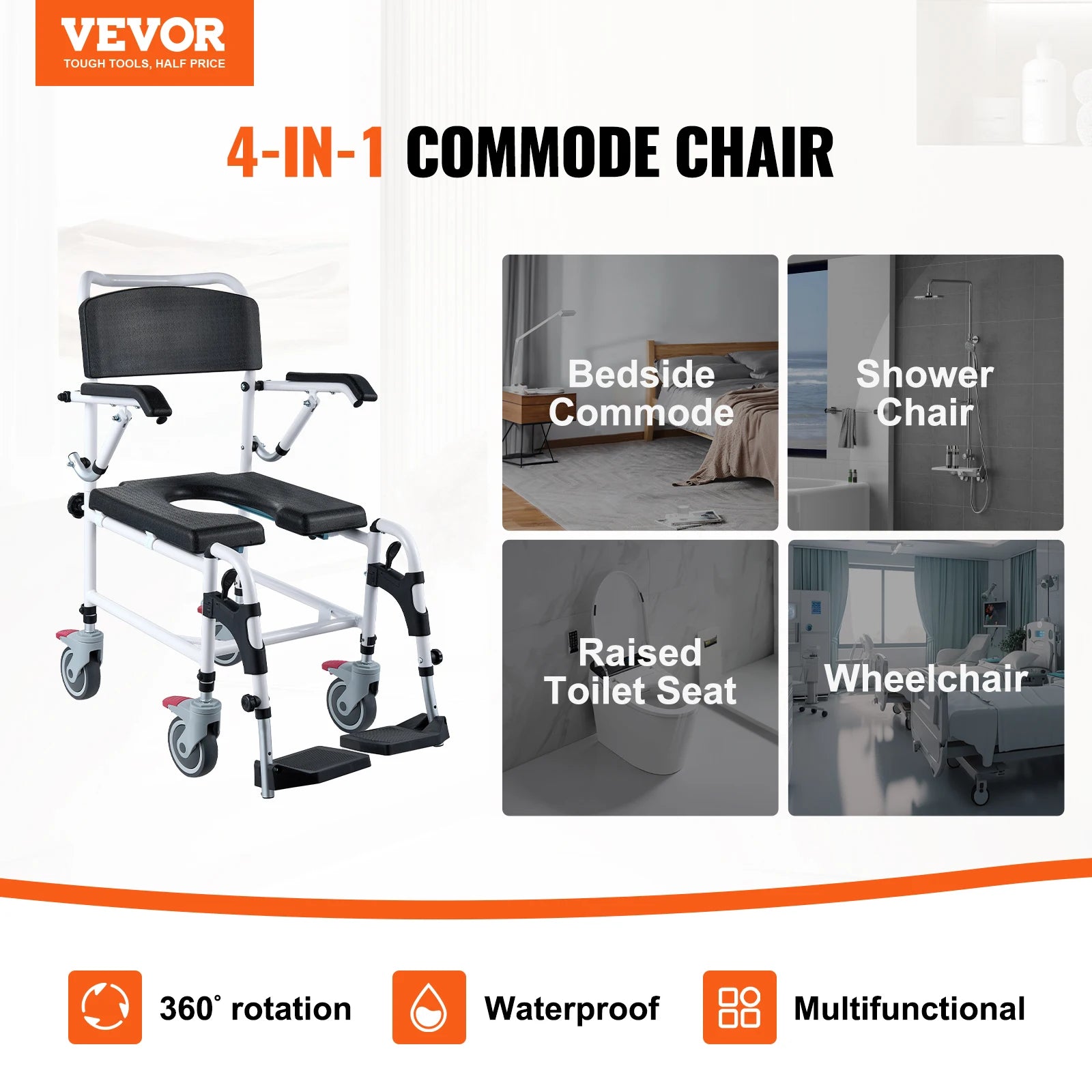 VEVOR Shower Commode Wheelchair with 4 Lockable Wheels Footrests Flip-up Arms 3-Level Adjustable Height 5L Removable Bucket