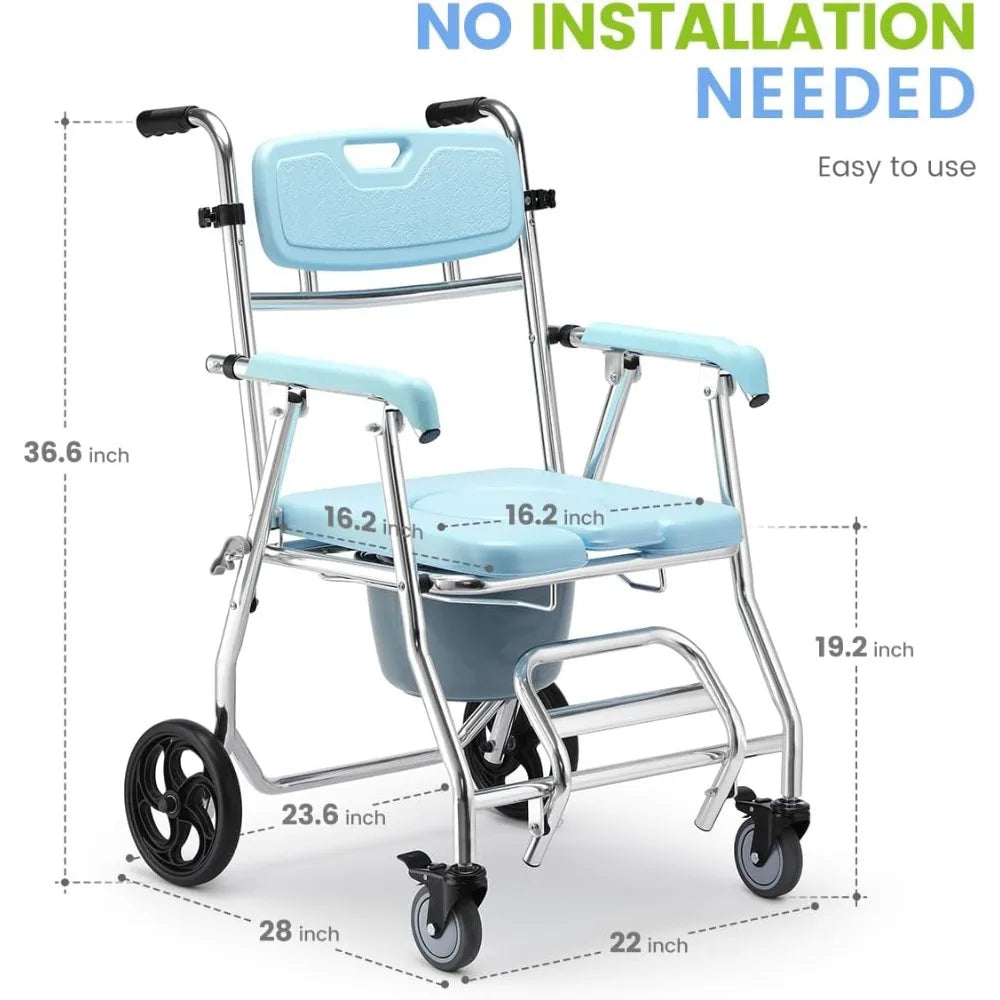 OasisSpace Folding Shower Commode Wheelchair - 300lbs Bedside Commode with Padded Seat,Waterproof Rolling Shower Chair with Arms