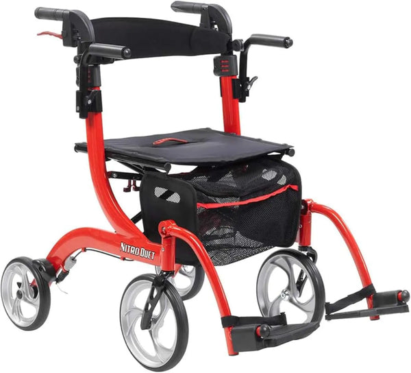 Nitro Dual Function Transport Wheelchair and Rollator Rolling Walker Combo with Hand Activated Brakes and Back Support, Red  All Care Store