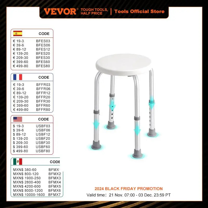 VEVOR Shower Chair for Inside Shower Adjustable Height Shower Stool Non-Slip Bench Bathtub Seat  for Elderly Disabled Adults