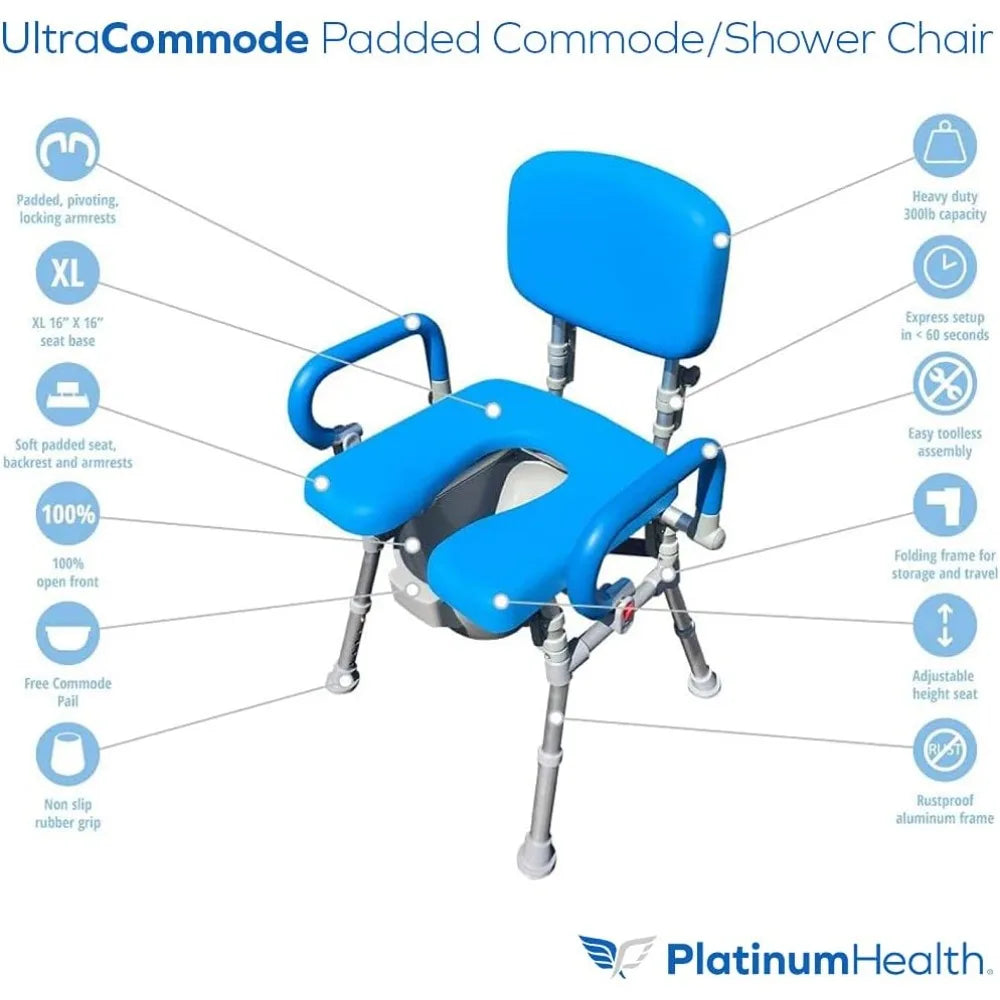 UltraCommode™ Foldable Commode and Shower Chair, Soft, Warm, Padded, Portable and Foldable XL Toilet Seat with Open Front