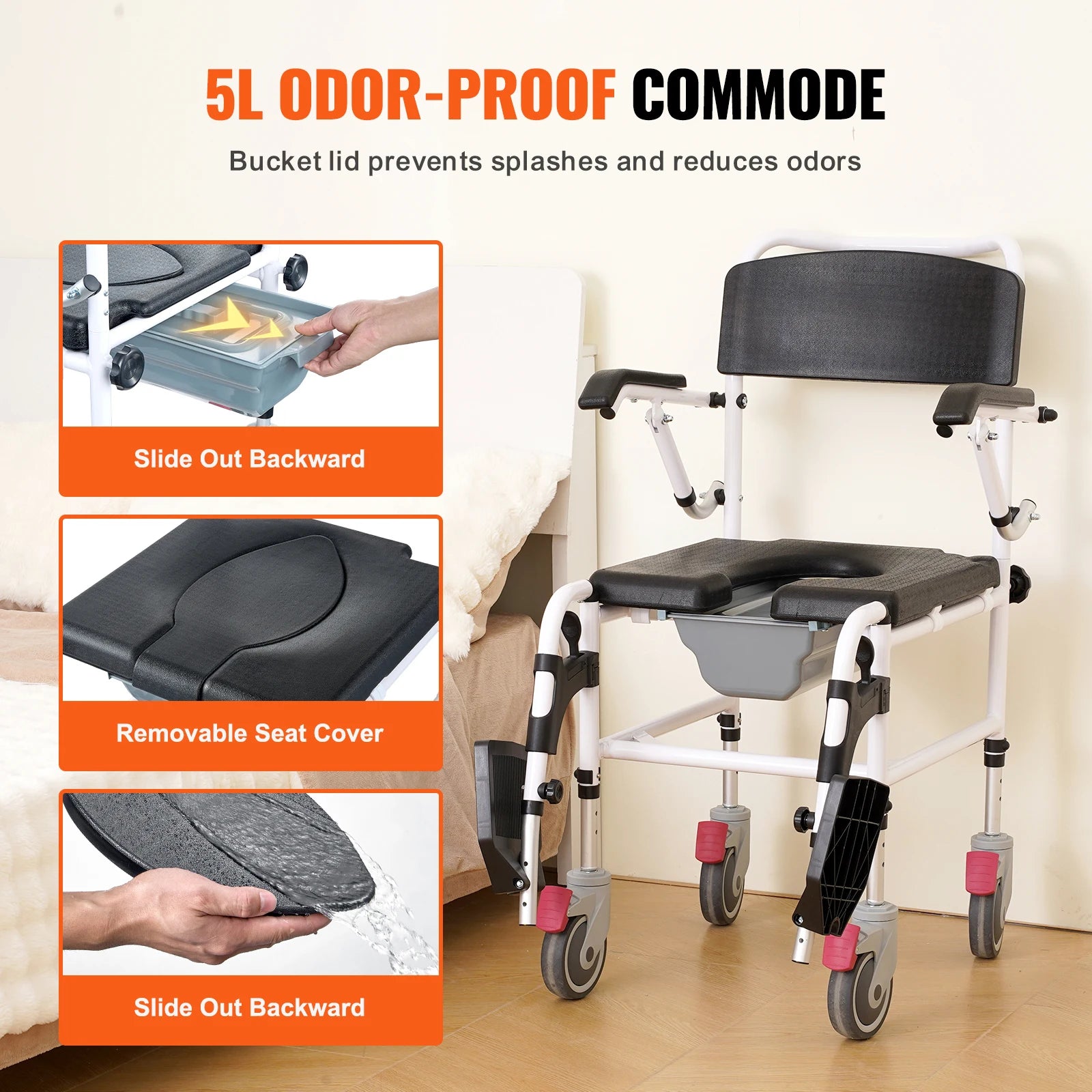 VEVOR Shower Commode Wheelchair with 4 Lockable Wheels Footrests Flip-up Arms 3-Level Adjustable Height 5L Removable Bucket