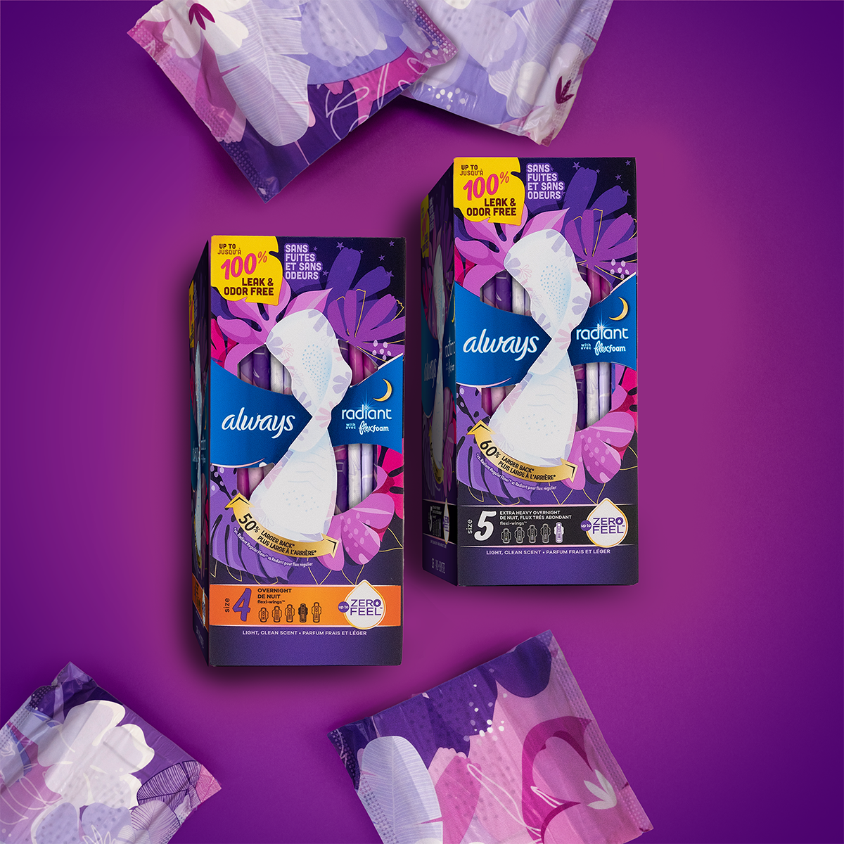 feminine pad always radiant with flexfoam overnight with wings heavy absorbency packaging type box