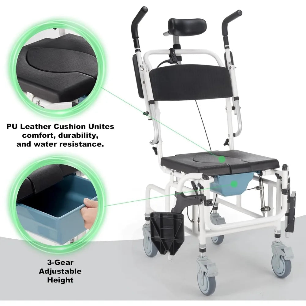 4-in-1 Bedside Commode Chair, Tilt 30°Shower Commode Wheelchair, Shampoo Chair with Headrest, Adjustable Transport Rolling Chair