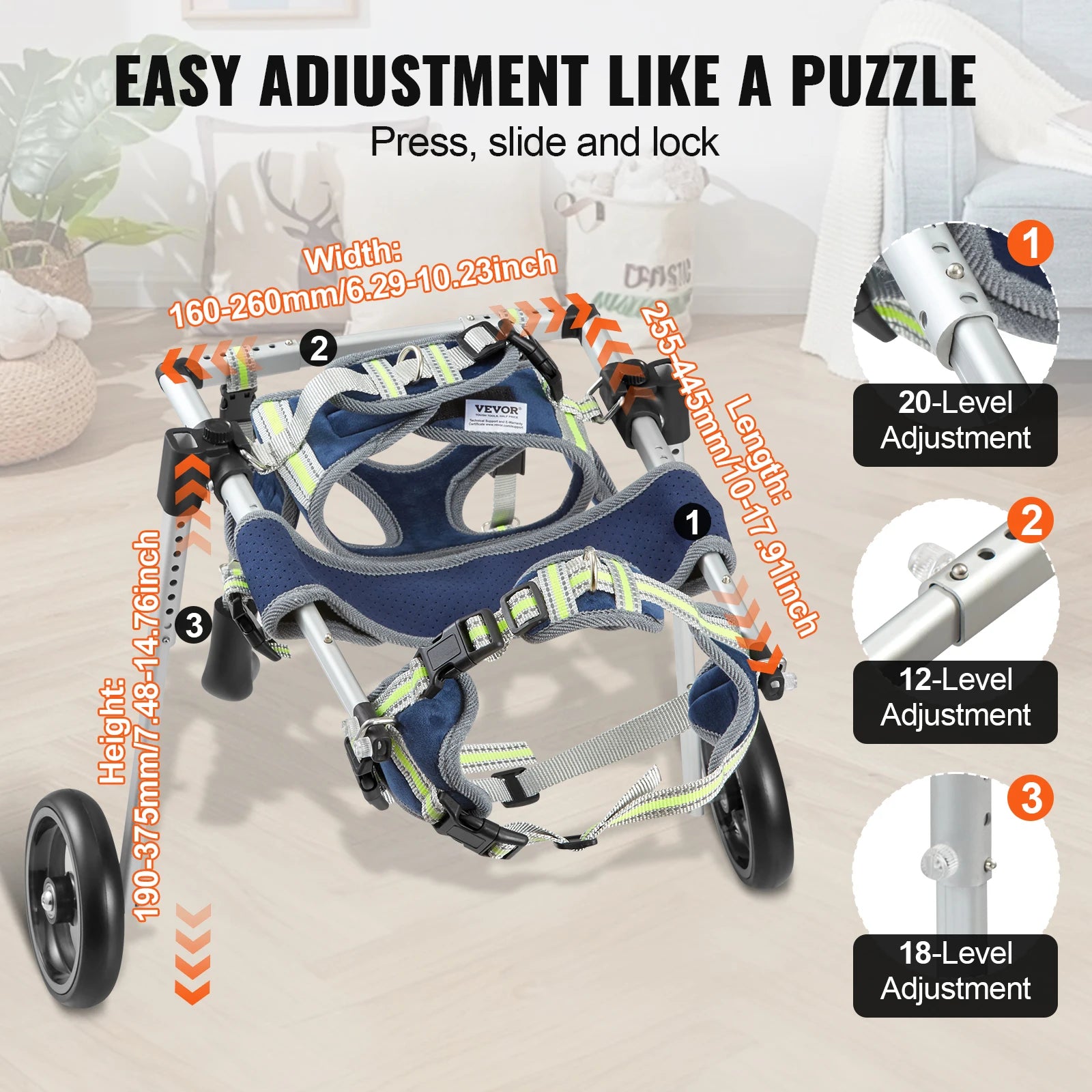 VEVOR 2 Wheels Dog Wheelchair for Back Legs Pet Wheelchair Dog Cart/Wheelchair for Injured Disabled Paralysis Hind Limb Weak Pet