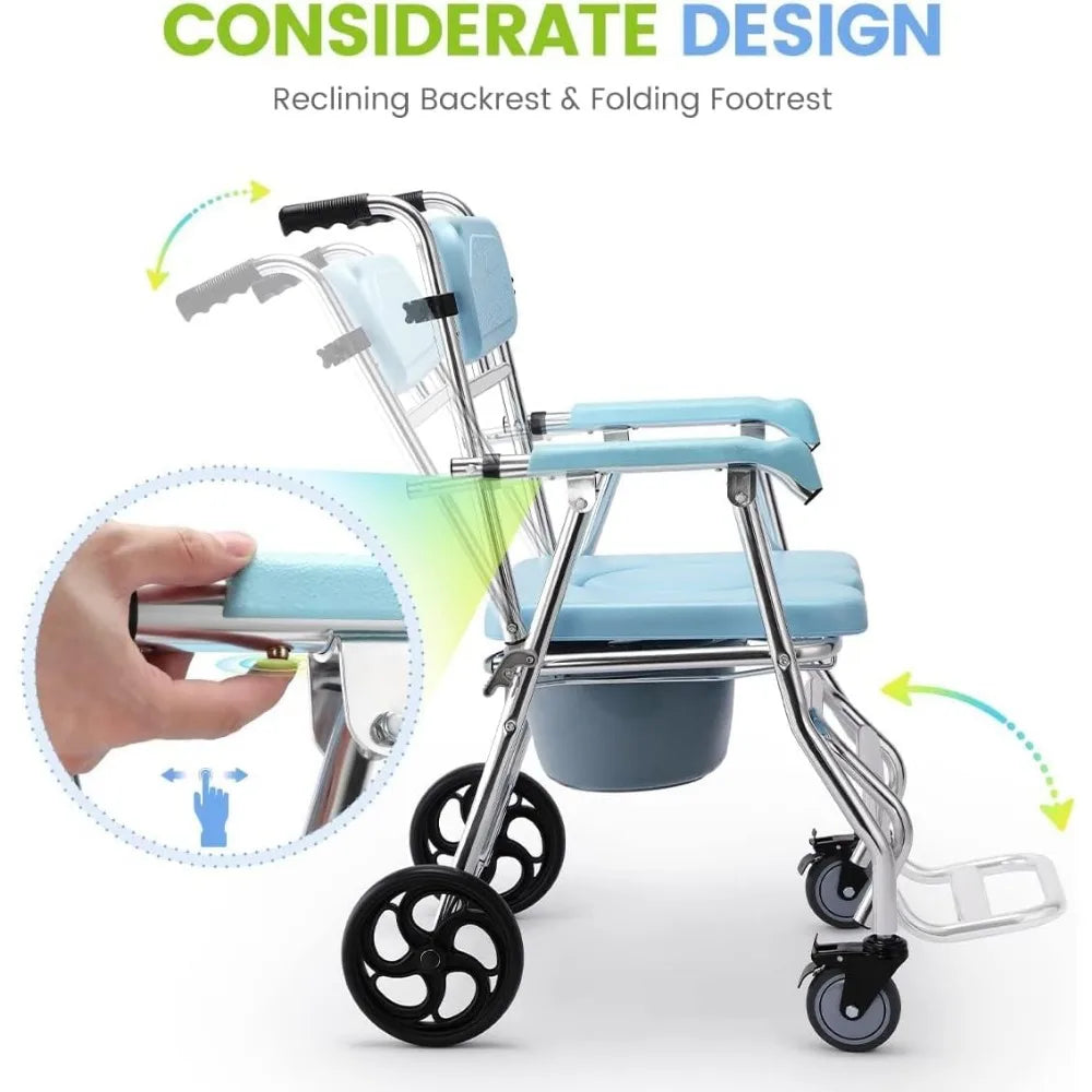 OasisSpace Folding Shower Commode Wheelchair - 300lbs Bedside Commode with Padded Seat,Waterproof Rolling Shower Chair with Arms