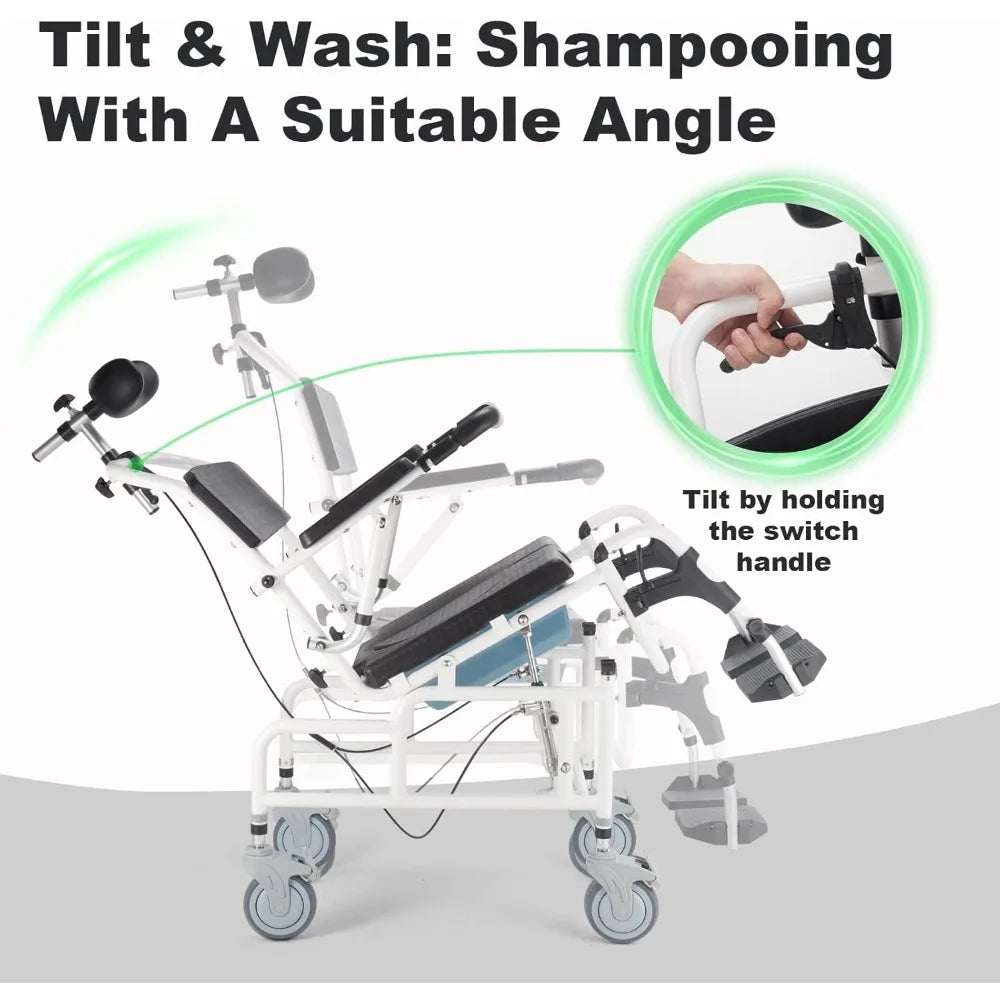 4-in-1 Bedside Commode Chair, Tilt 30°Shower Commode Wheelchair, Shampoo Chair with Headrest, Adjustable Transport Rolling Chair