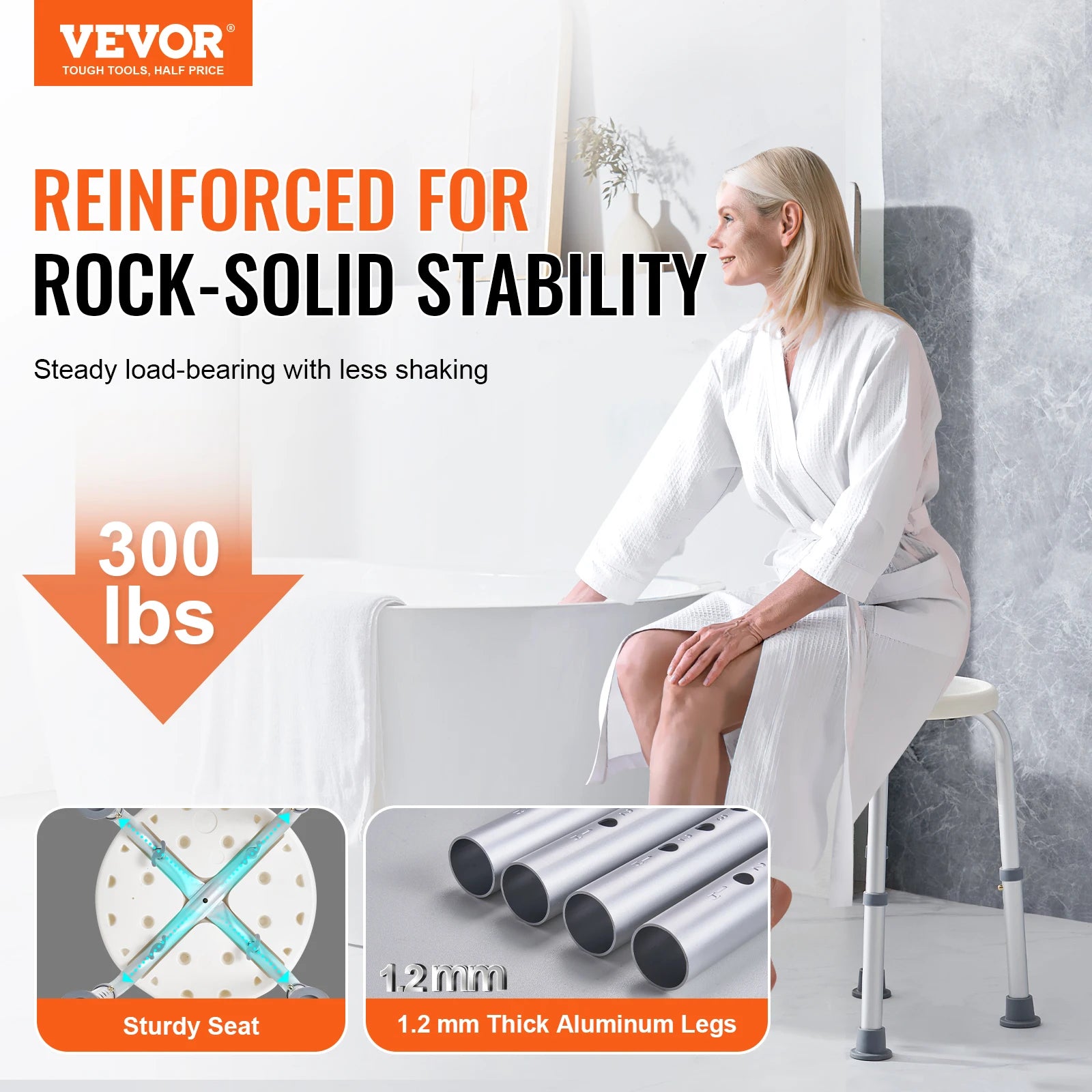 VEVOR Shower Chair for Inside Shower Adjustable Height Shower Stool Non-Slip Bench Bathtub Seat  for Elderly Disabled Adults