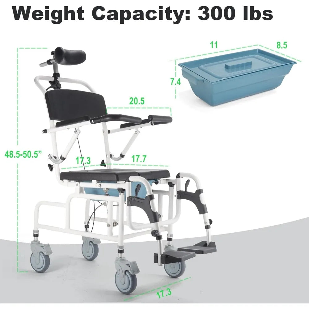 4-in-1 Bedside Commode Chair, Tilt 30°Shower Commode Wheelchair, Shampoo Chair with Headrest, Adjustable Transport Rolling Chair