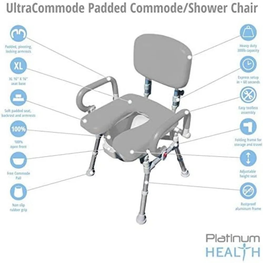 UltraCommode™ Foldable Commode and Shower Chair, Soft, Warm, Padded, Portable and Foldable XL Toilet Seat with Open Front