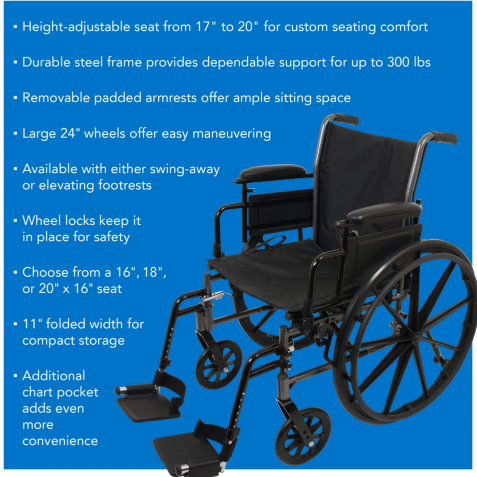 Probasics K3 Lightweight Wheelchair with flip back height adjustable arms and swing-away footrests with heel loops or elevating legrests with composite footplates ,8" x 1" Front 24" Back Wheels ,less than 36 pounds ,16" x 16" ,WC31616DS