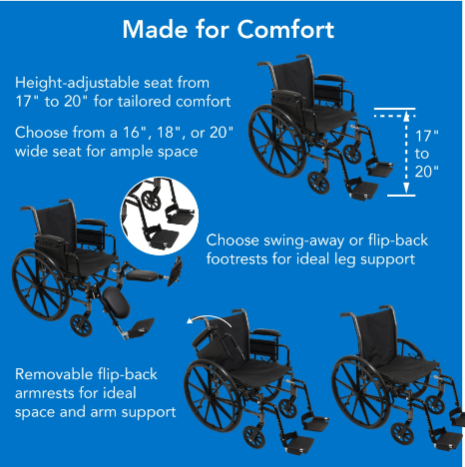 Probasics K3 Lightweight Wheelchair with flip back height adjustable arms and swing-away footrests with heel loops or elevating legrests with composite footplates ,8" x 1" Front 24" Back Wheels ,less than 36 pounds ,16" x 16" ,WC31616DS