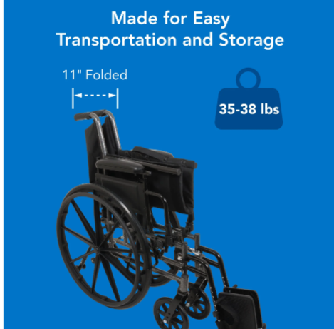 Probasics K3 Lightweight Wheelchair with flip back height adjustable arms and swing-away footrests with heel loops or elevating legrests with composite footplates ,8" x 1" Front 24" Back Wheels ,less than 36 pounds ,16" x 16" ,WC31616DS