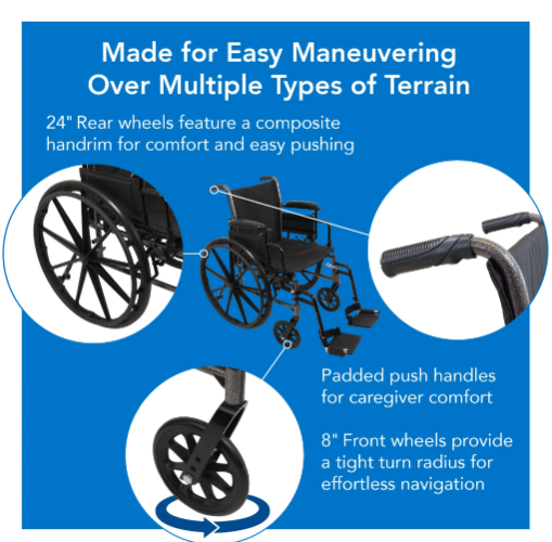 Probasics K3 Lightweight Wheelchair with flip back height adjustable arms and swing-away footrests with heel loops or elevating legrests with composite footplates ,8" x 1" Front 24" Back Wheels ,less than 36 pounds ,16" x 16" ,WC31616DS