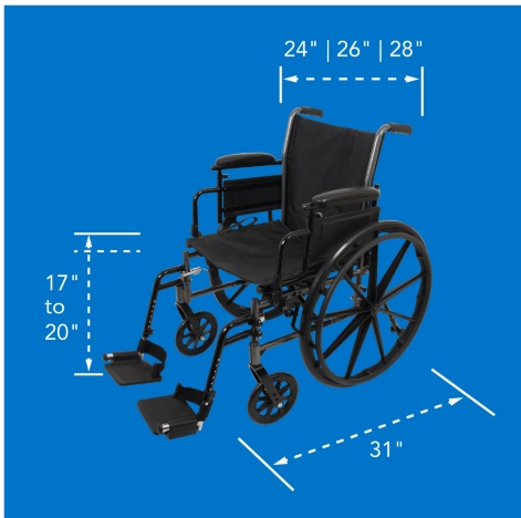 Probasics K3 Lightweight Wheelchair with flip back height adjustable arms and swing-away footrests with heel loops or elevating legrests with composite footplates ,8" x 1" Front 24" Back Wheels ,less than 36 pounds ,16" x 16" ,WC31616DS