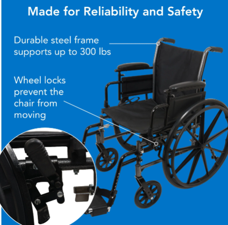 Probasics K3 Lightweight Wheelchair with flip back height adjustable arms and swing-away footrests with heel loops or elevating legrests with composite footplates ,8" x 1" Front 24" Back Wheels ,less than 36 pounds ,16" x 16" ,WC31616DS