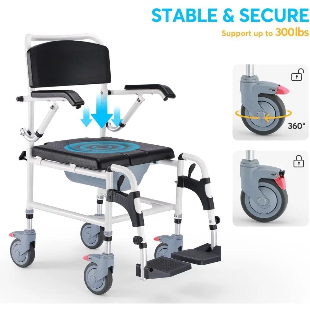 OasisSpace Shower Commode Wheelchair - 300LB Waterproof Shower Chair with Wheels, Rolling Shower Chair with Swing Away Footrests - All Care Store