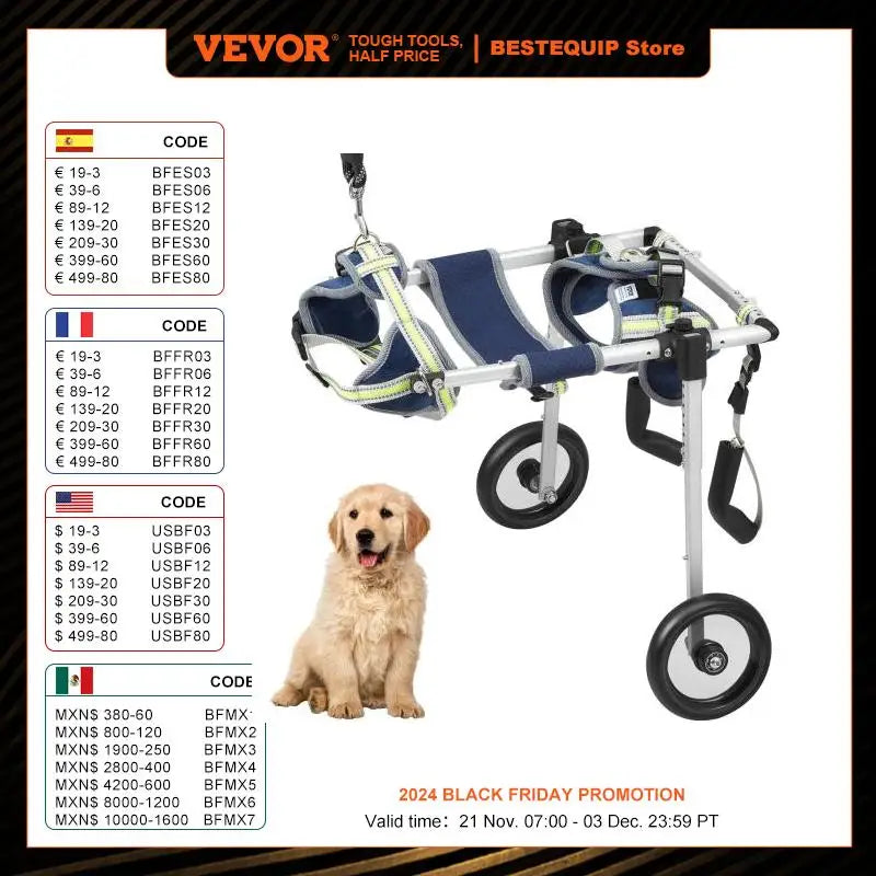 VEVOR 2 Wheels Dog Wheelchair for Back Legs Pet Wheelchair Dog Cart/Wheelchair for Injured Disabled Paralysis Hind Limb Weak Pet