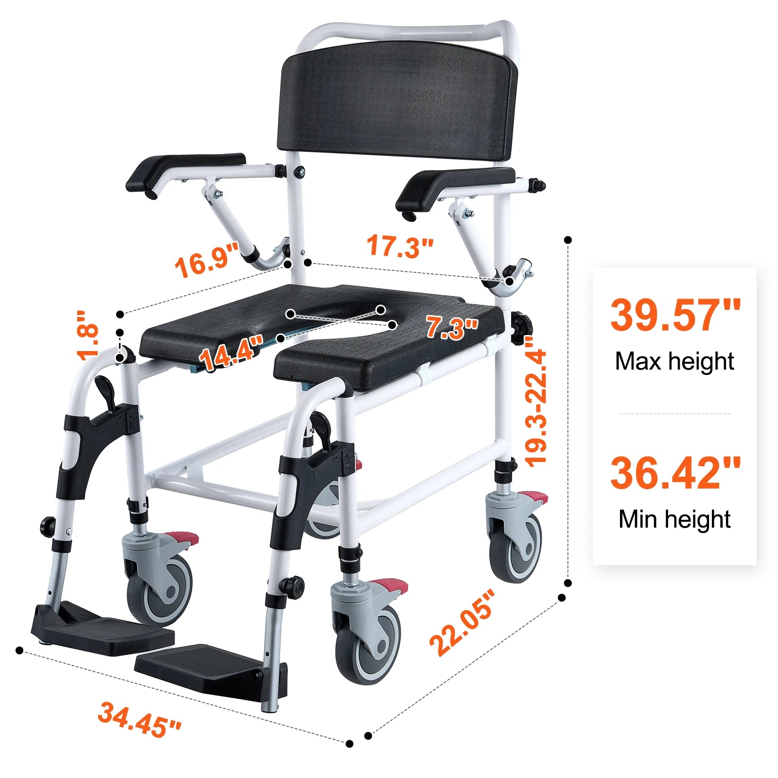 VEVOR Shower Commode Wheelchair with 4 Lockable Wheels Footrests Flip-up Arms 3-Level Adjustable Height 5L Removable Bucket