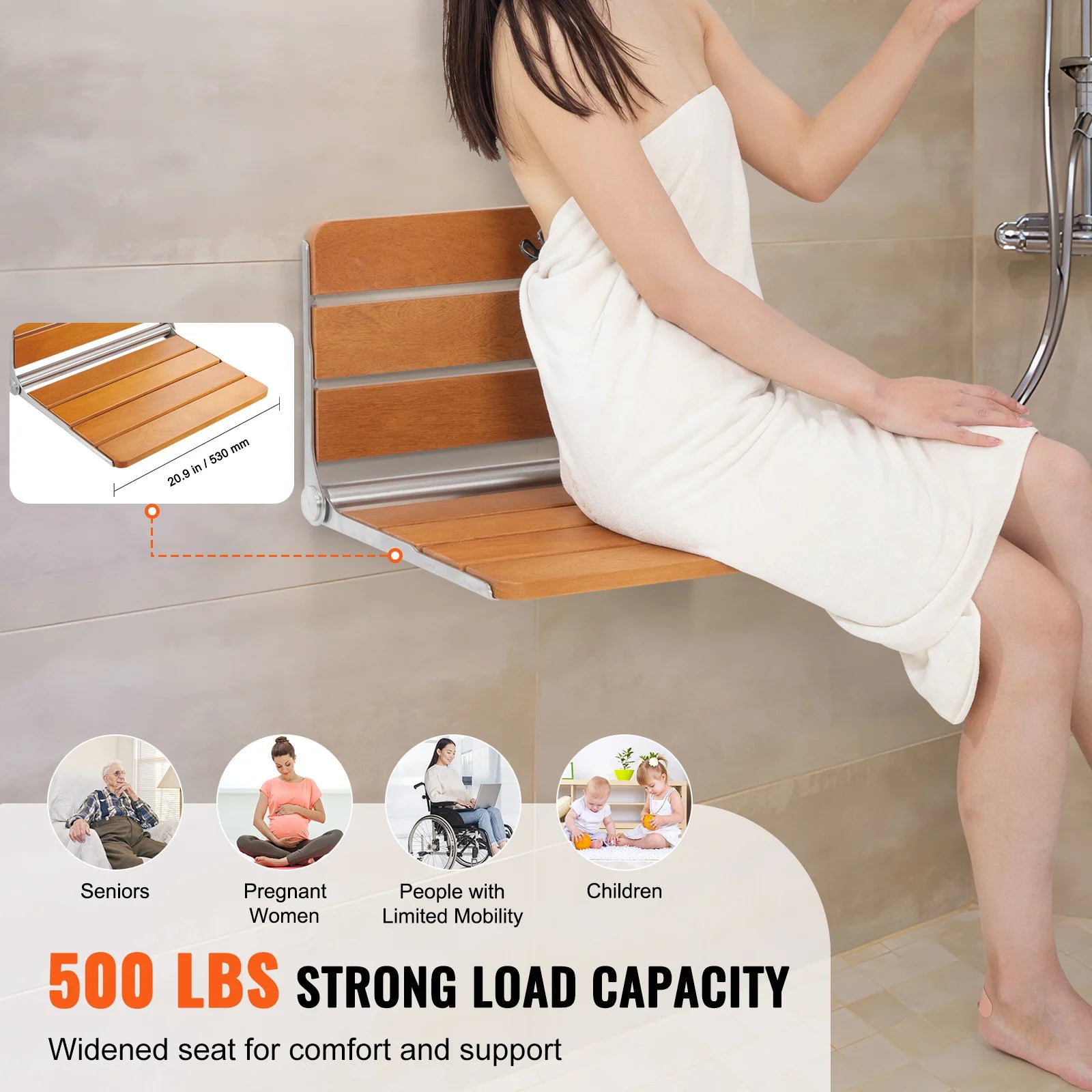 VEVOR Folding Shower Seat Wall Mounted Fold Up Shower Bench   Space Saving Home Care Fold Down Shower Chair for Pregnant Women