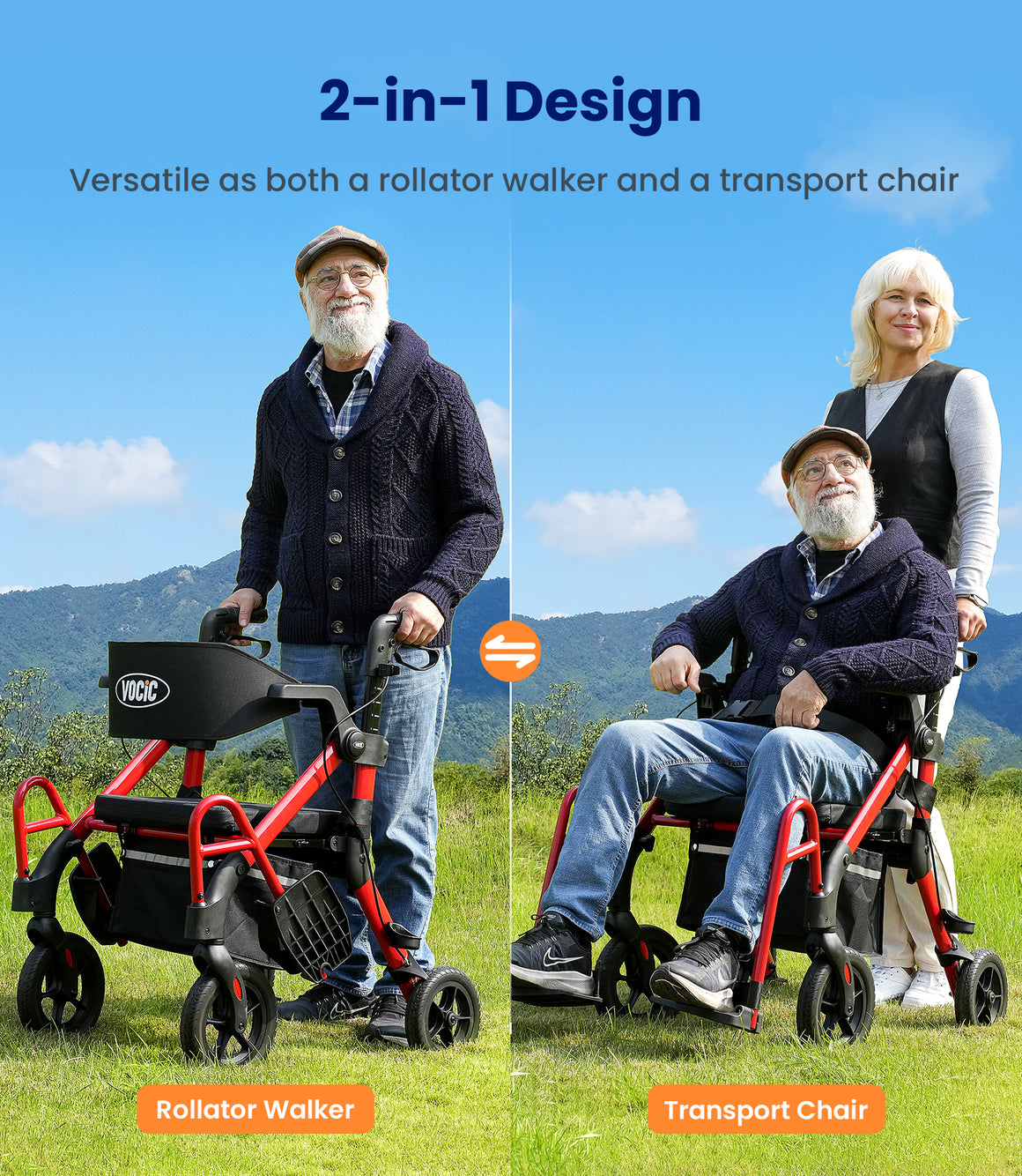 VOCIC Z55 Versatile 2-in-1 Rollator Walker– Lightweight Foldable Mobility Aid with Seat, Storage Bag & Adjustable Height