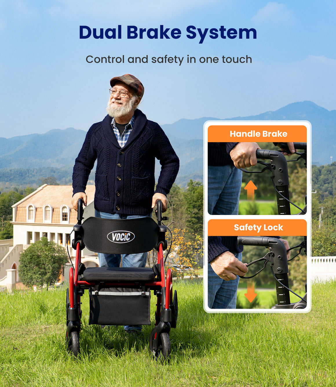VOCIC Z55 Versatile 2-in-1 Rollator Walker– Lightweight Foldable Mobility Aid with Seat, Storage Bag & Adjustable Height