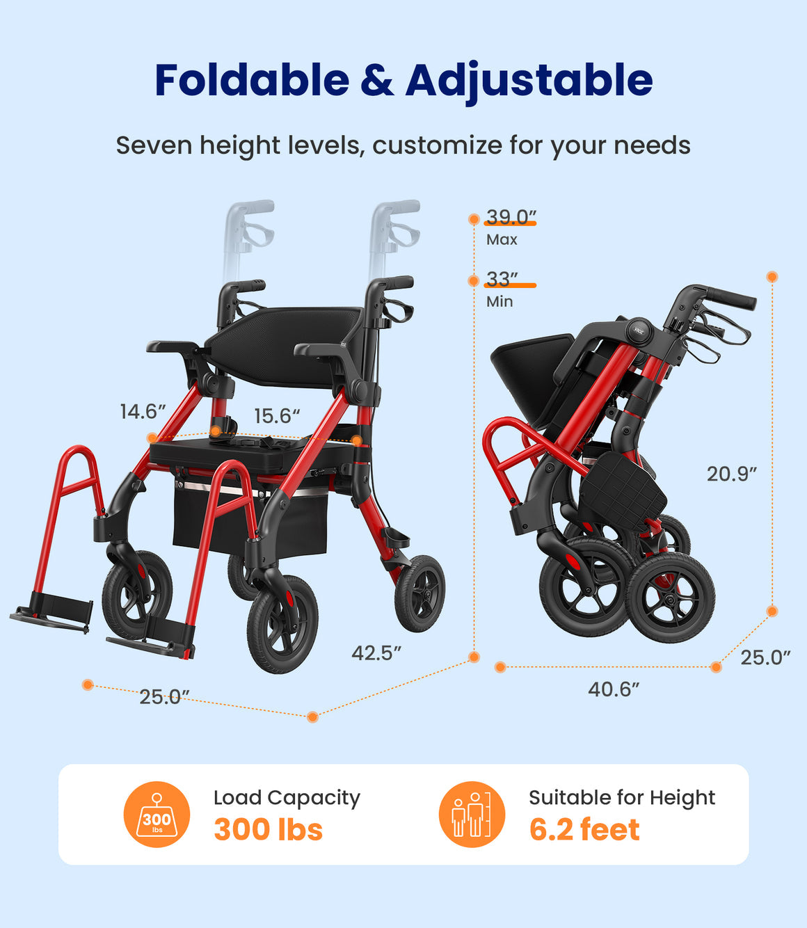VOCIC Z55 Versatile 2-in-1 Rollator Walker– Lightweight Foldable Mobility Aid with Seat, Storage Bag & Adjustable Height