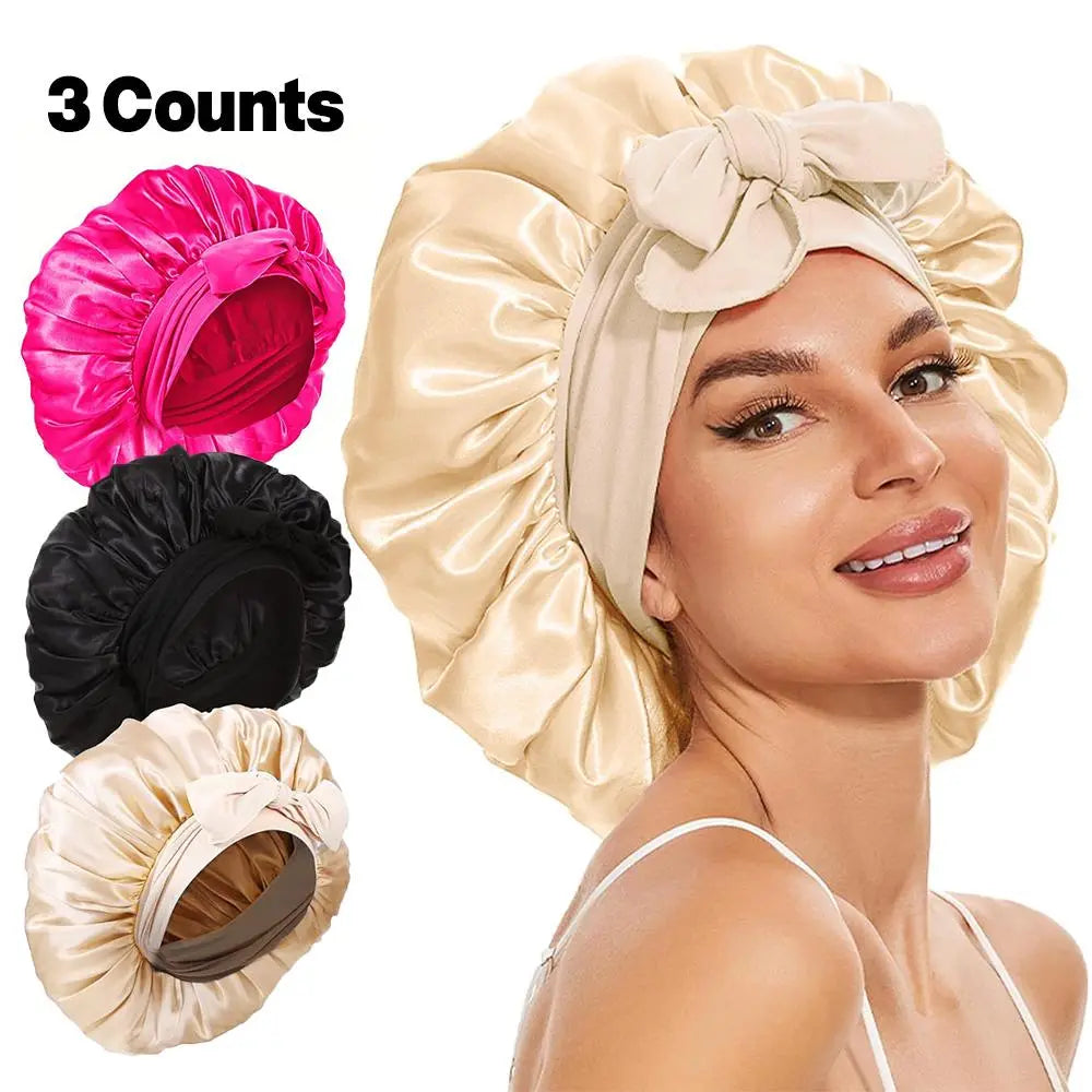 Summer Satin Bonnet, 3 Counts/Set Solid Color Silk Bonnet, Satin Silk Hair Care Caps for Women with Tie Band, Beauty & Personal Hair Care Heatless Styling Tools for Women, Hair Products, Hair Accessories