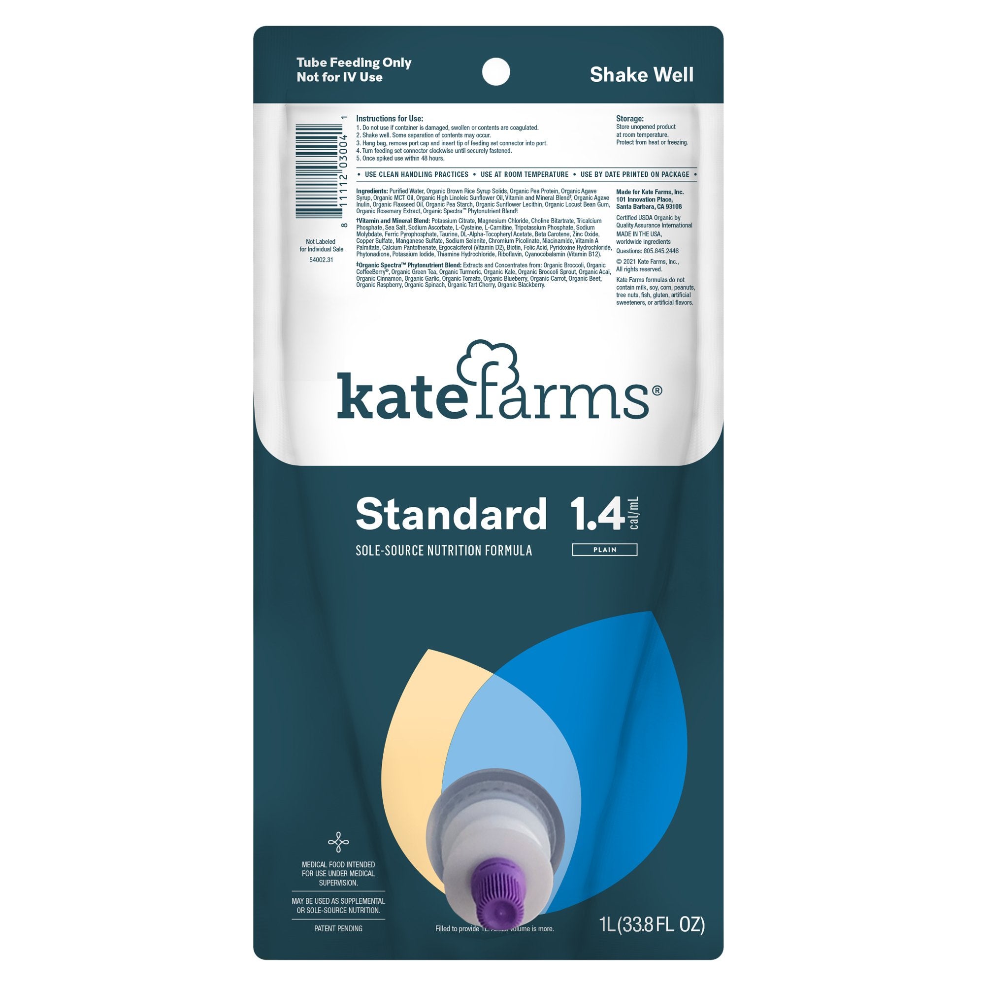 Tube Feeding Formula Kate Farms Standard 1.4 Closed System Unflavored Liquid 1000 mL Ready to Hang Prefilled Container