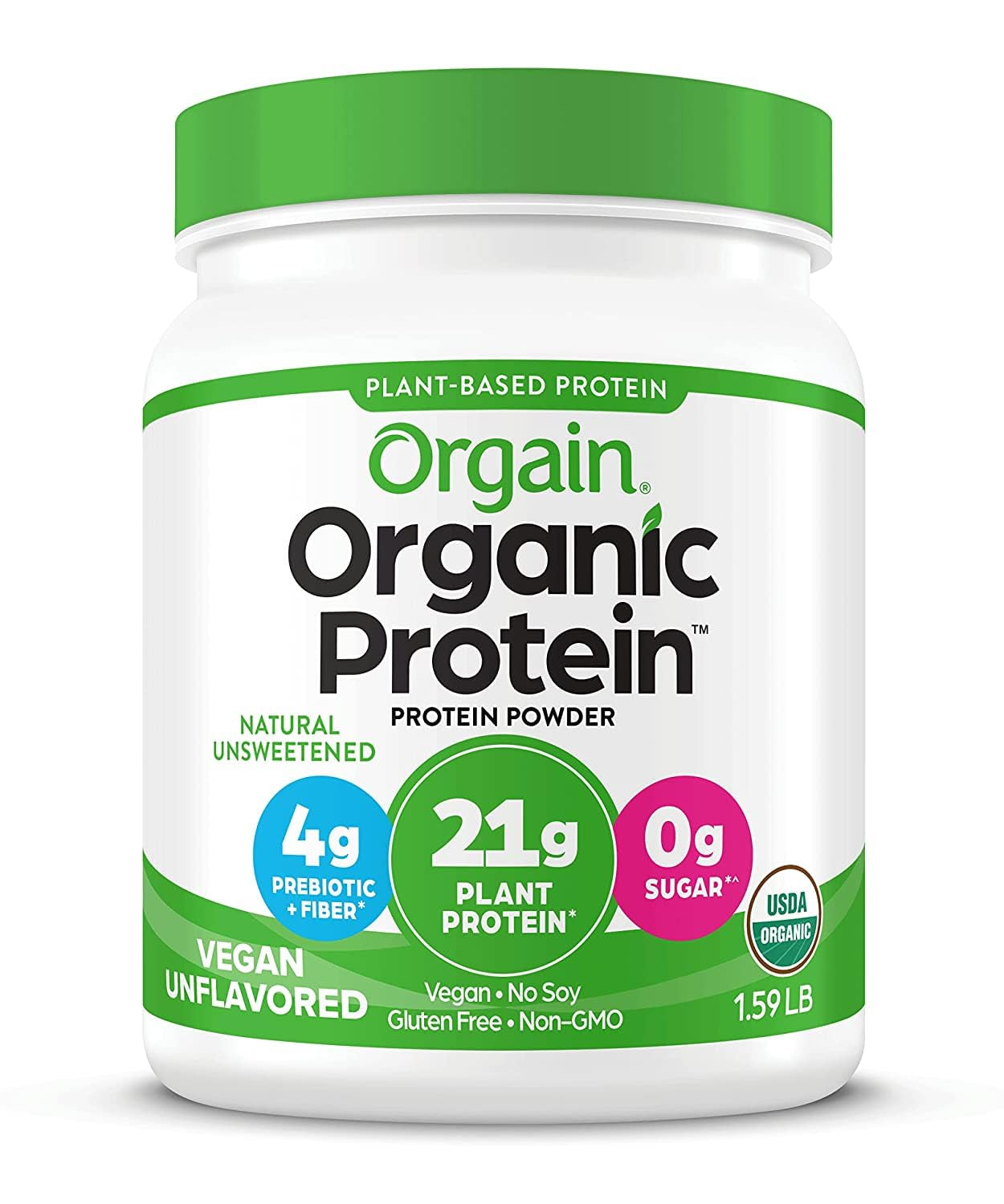 Organic Vegan Protein Powder, Natural Unsweetened - 21G of Plant Protein, 4G Prebiotic Fiber, Low Net Carbs, No Lactose Ingredients, No Added Sugar, Non-Gmo, for Shakes & Smoothies, 1.59 Lb