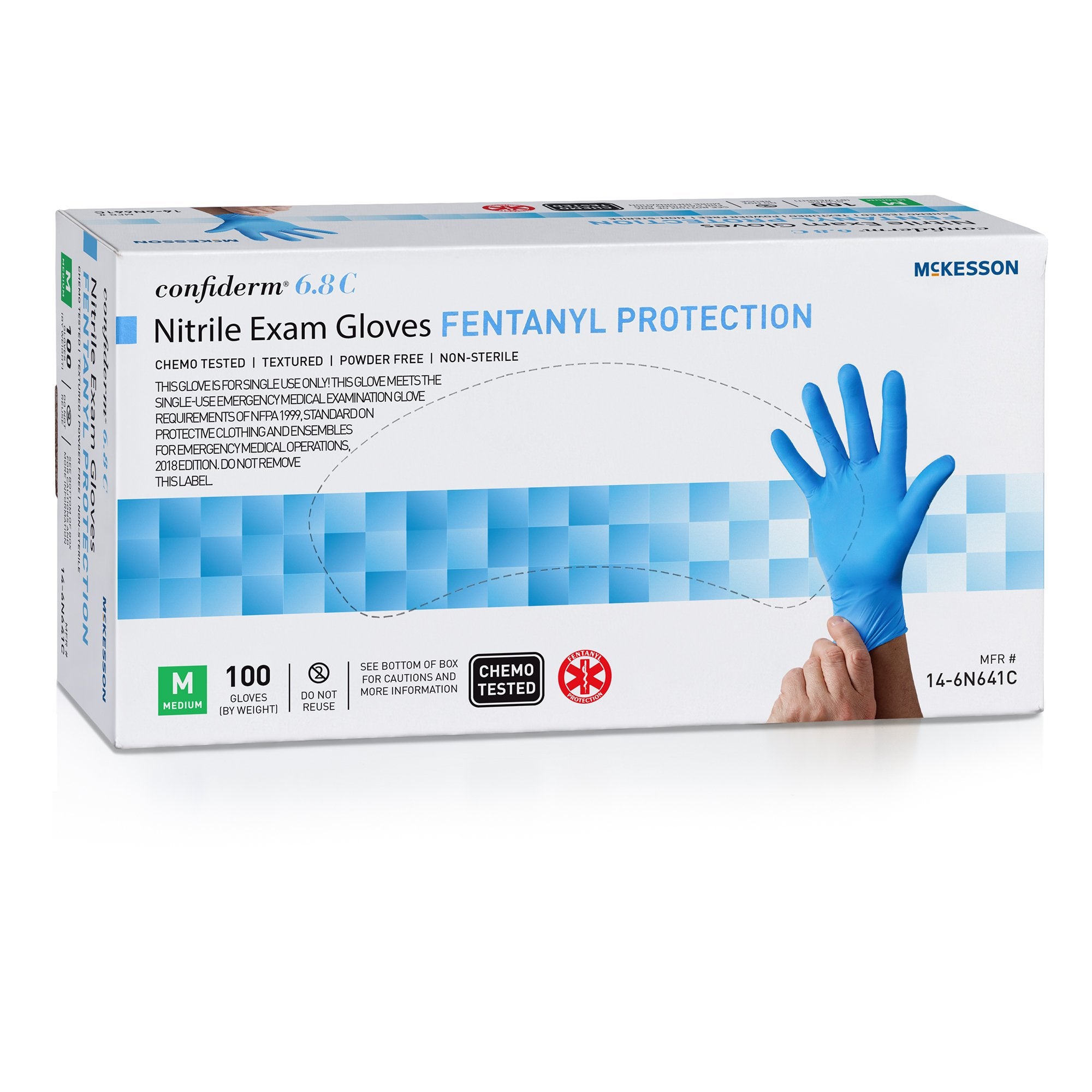Exam Glove McKesson Confiderm 6.8C Medium NonSterile Nitrile Standard Cuff Length Fully Textured Blue Chemo Tested / Fentanyl Tested