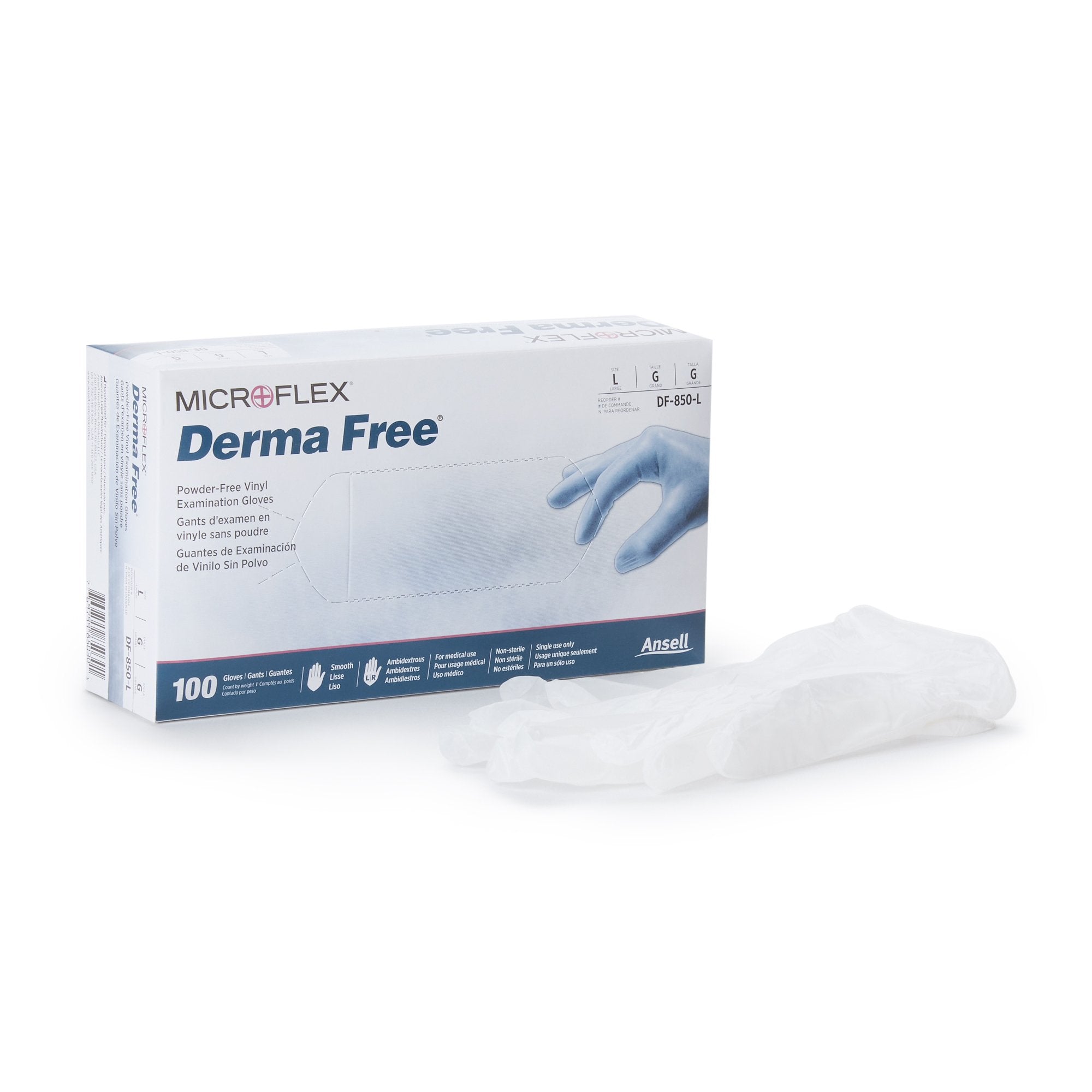 Exam Glove Derma Free Large NonSterile Vinyl Standard Cuff Length Smooth Clear Not Rated