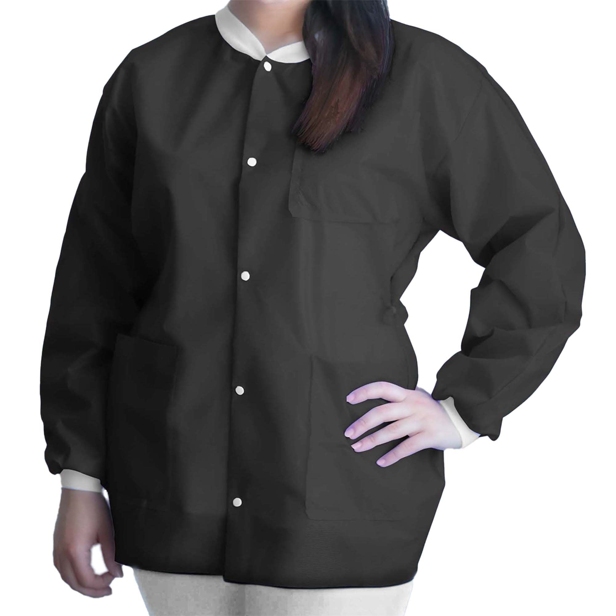 Lab Jacket FitMe Black Medium Hip Length 3-Layer SMS Disposable, Packaging Type- Case