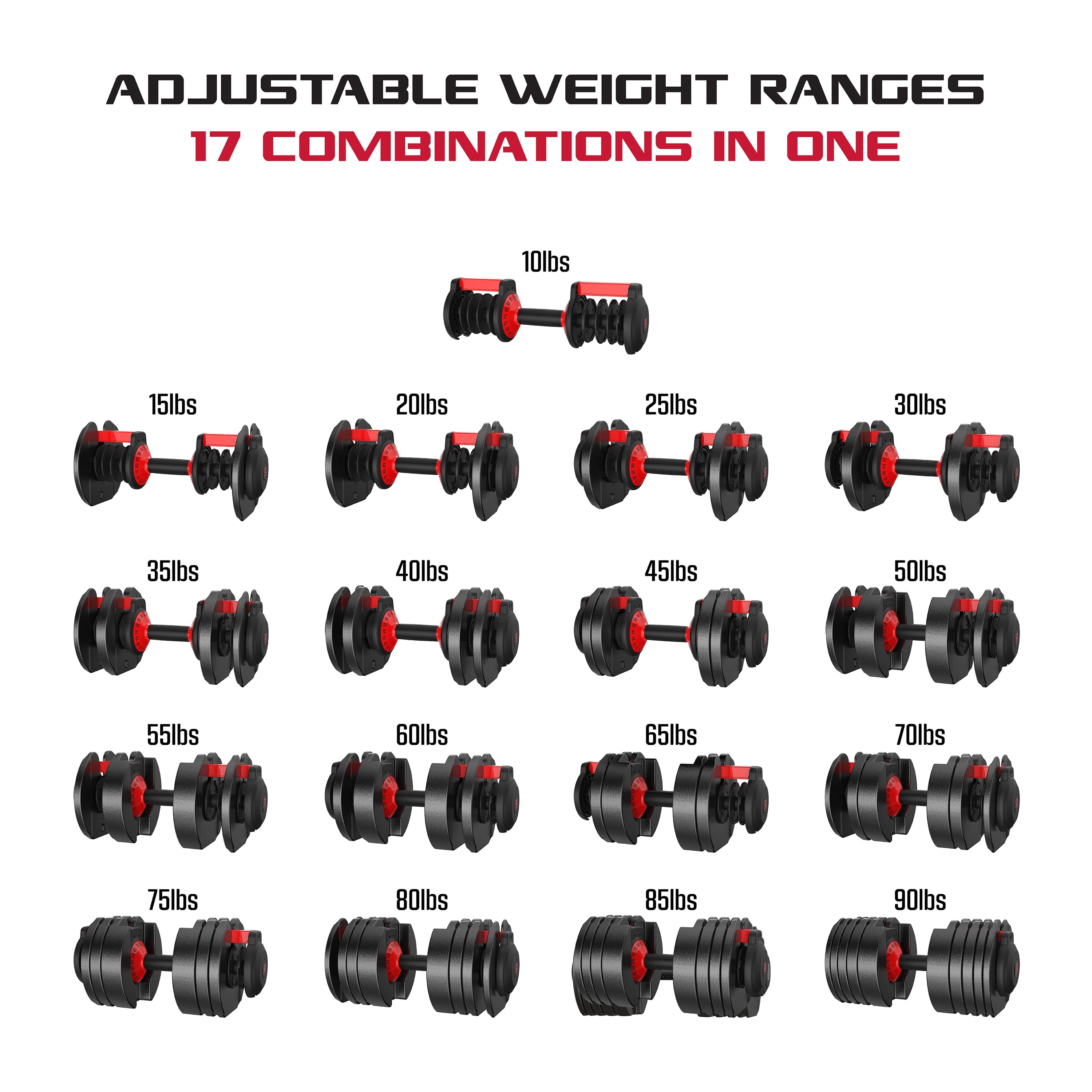 Smartbell XL, Quick-Select Adjustable Dumbbell, 10-90 Lbs. Weight, Black, Single