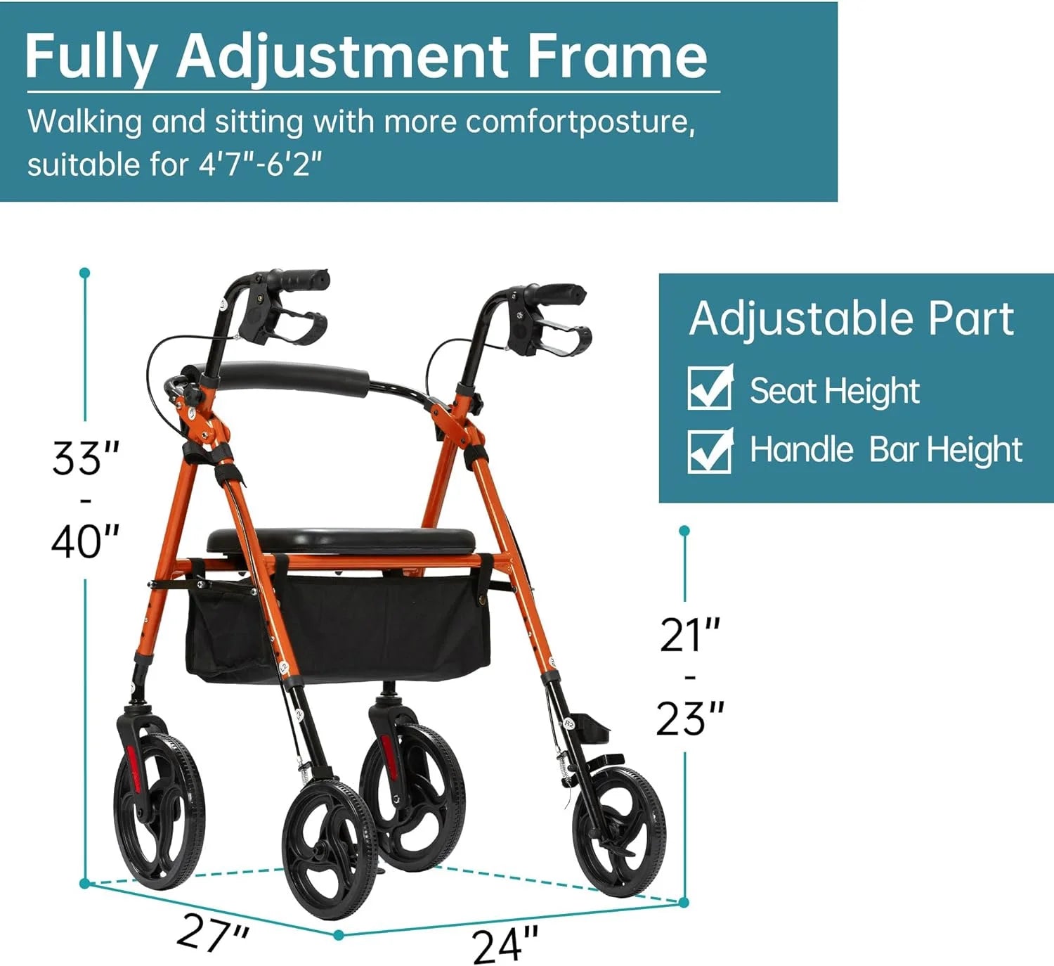 Mobility Rollator Walker with 10" Wheels, Adjustable Seat and Arms, Orange