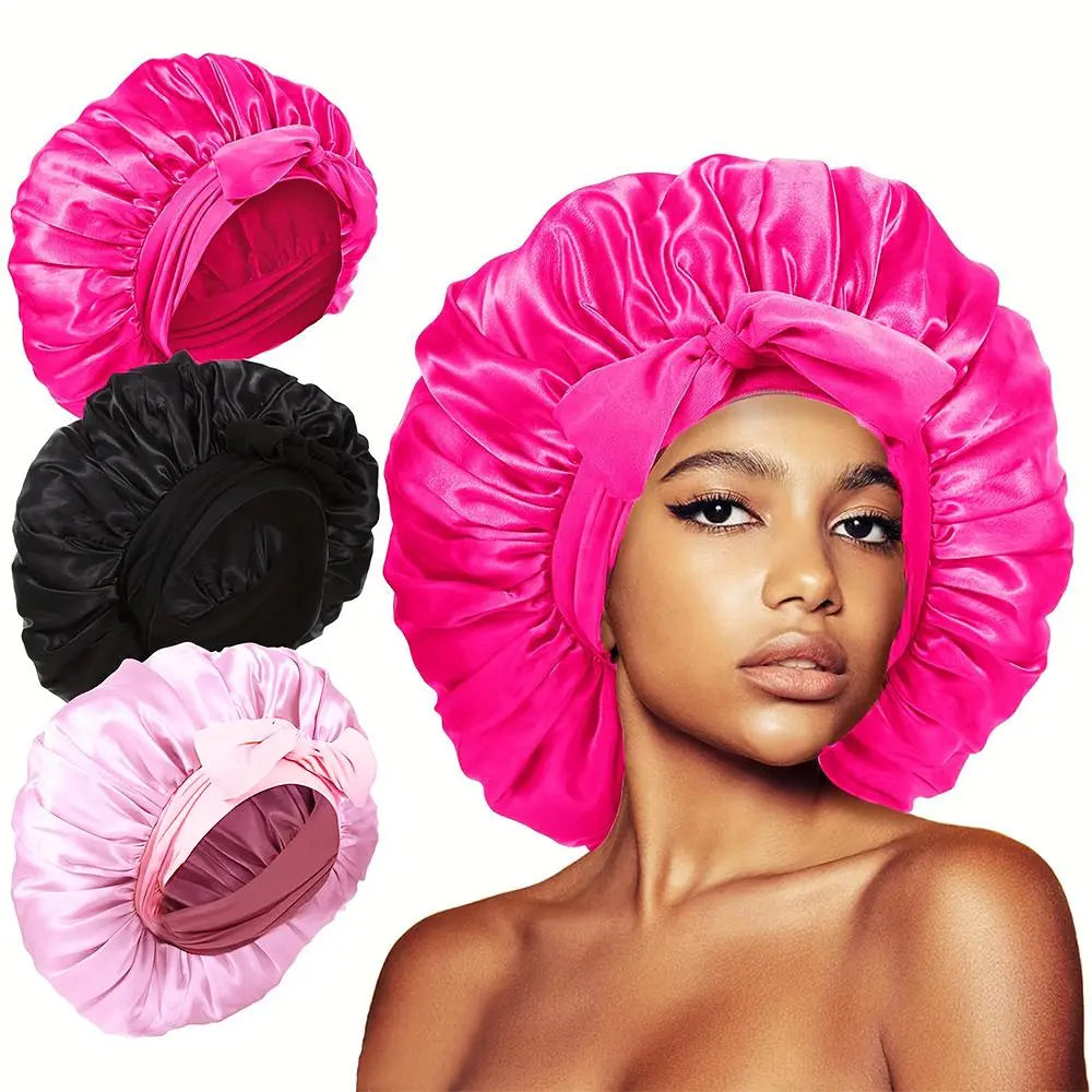 Summer Satin Bonnet, 3 Counts/Set Solid Color Silk Bonnet, Satin Silk Hair Care Caps for Women with Tie Band, Beauty & Personal Hair Care Heatless Styling Tools for Women, Hair Products, Hair Accessories