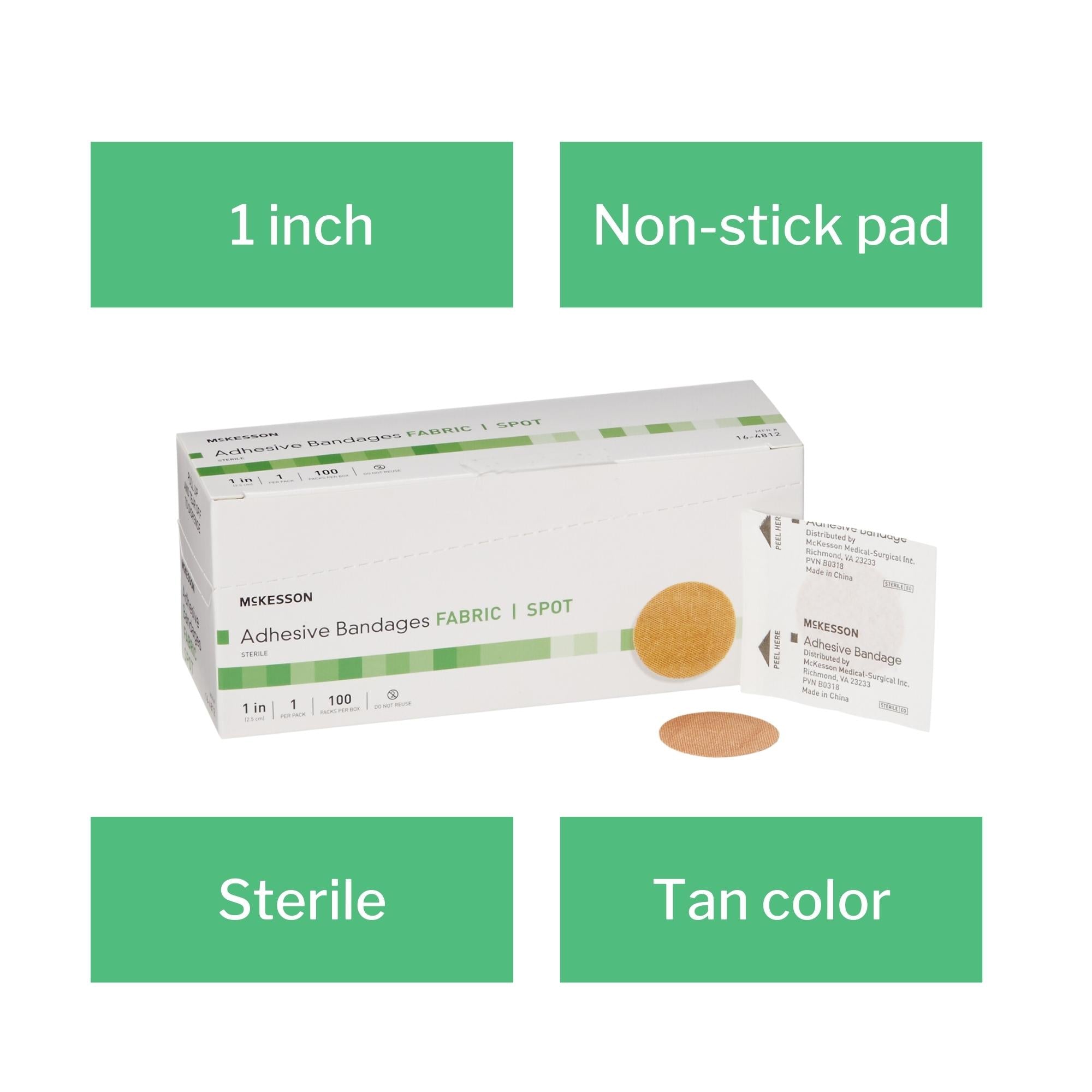 adhesive spot bandage mckesson 1 inch fabric round tan sterile packaging type box