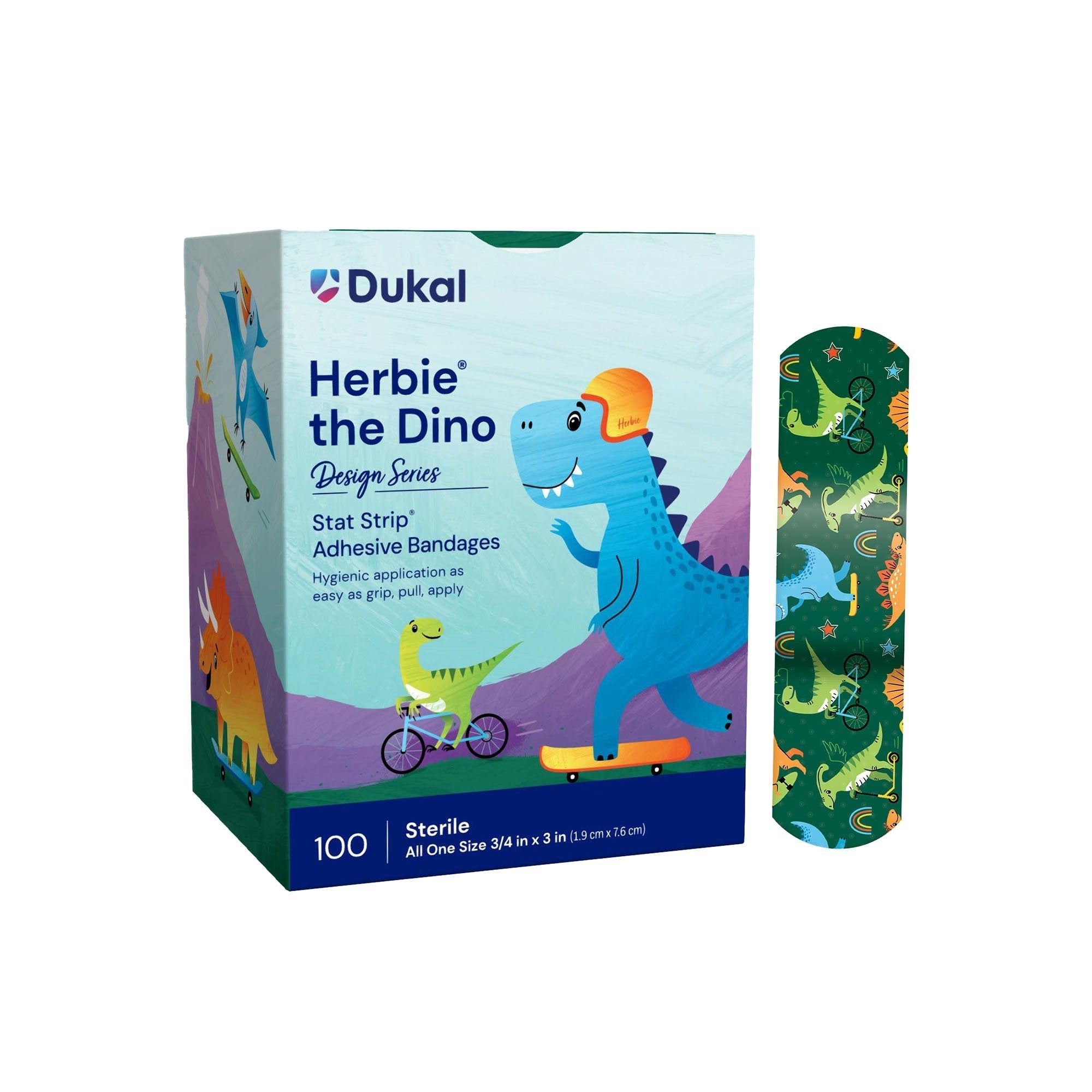 Adhesive Strip Designer Series with Stat Strip Technology 3/4 X 3 Inch Plastic Rectangle Kid Design (Herbie the Dinosaur) Sterile