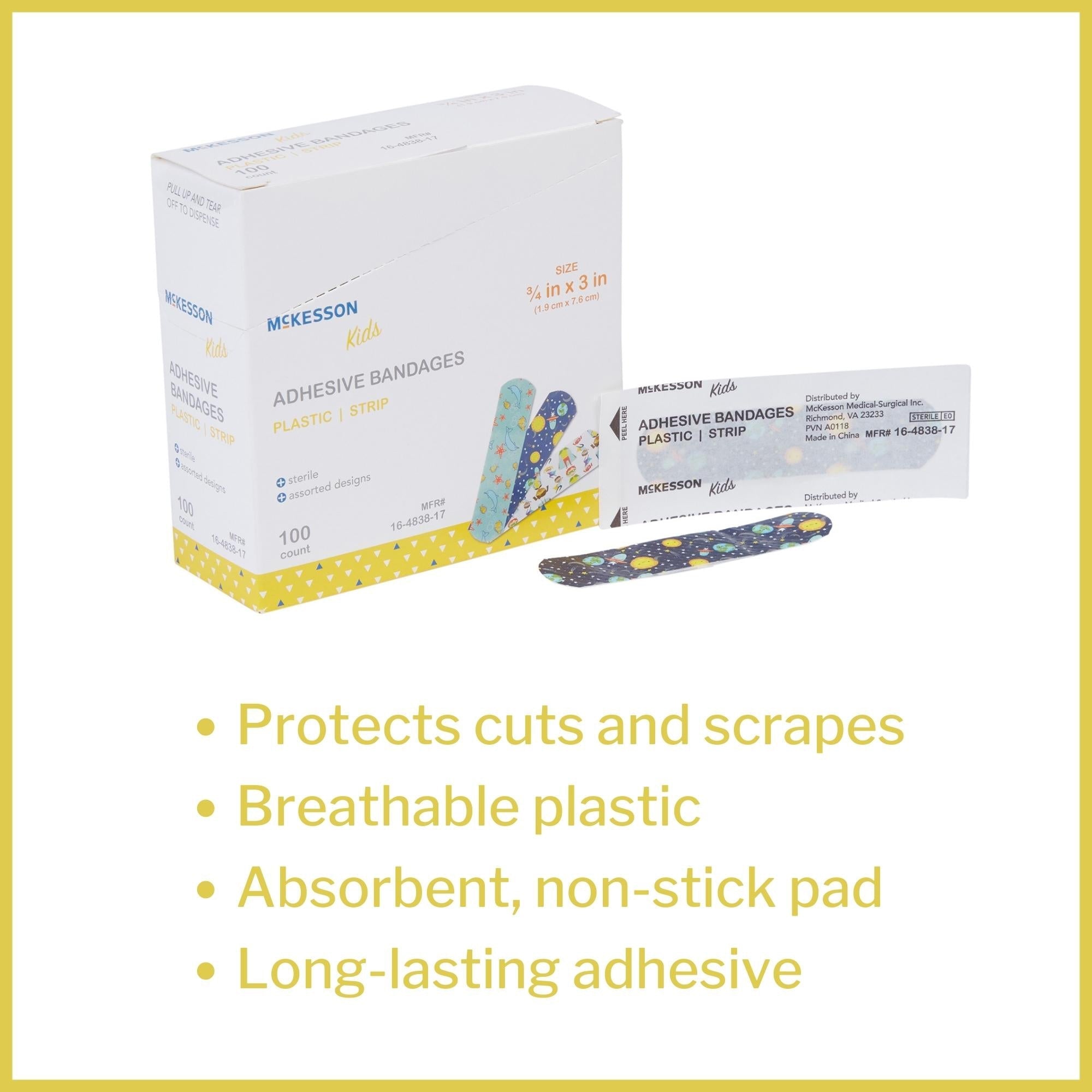 adhesive strip mckesson kids 3 4 x 3 inch plastic rectangle kid design assorted prints sterile packaging type case