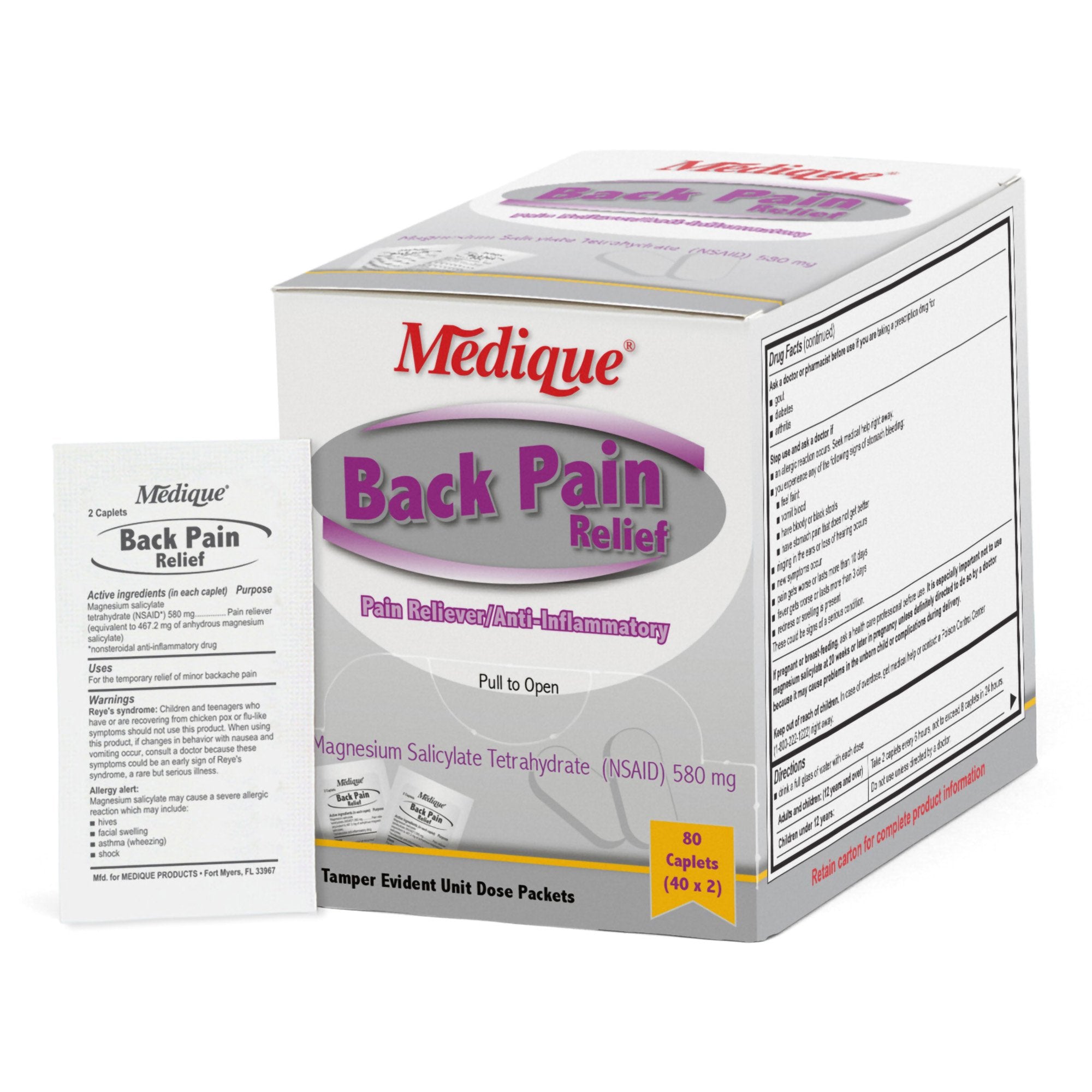 Back Pain Relief Medique 580 mg Strength Magnesium Salicylate Tetrahydrate Caplet 80 Per Box, Packaging Type- Box