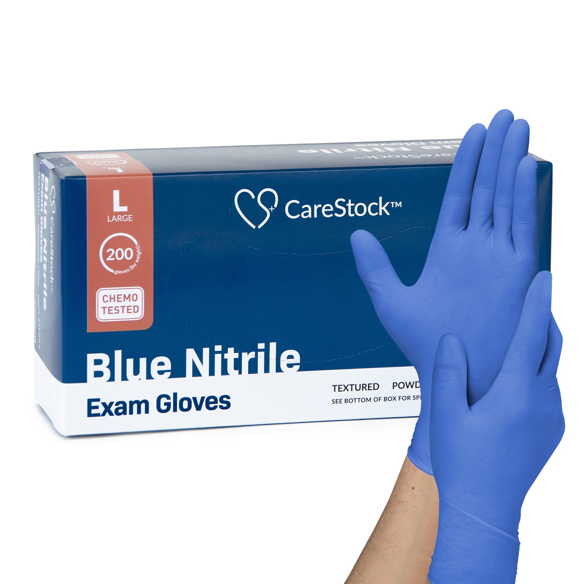 Exam Glove CareStock Large NonSterile Nitrile Standard Cuff Length Textured Fingertips Blue Chemo Tested, Packaging Type- Box