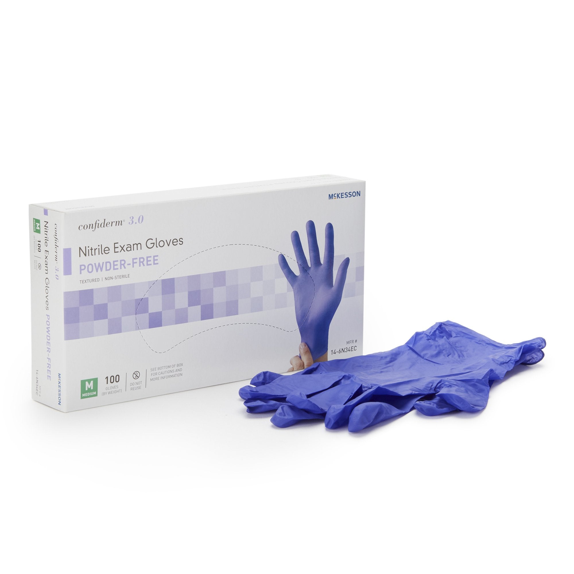 Exam Glove McKesson Confiderm 3.0 Medium NonSterile Nitrile Standard Cuff Length Textured Fingertips Blue Not Rated, Packaging Type- Case