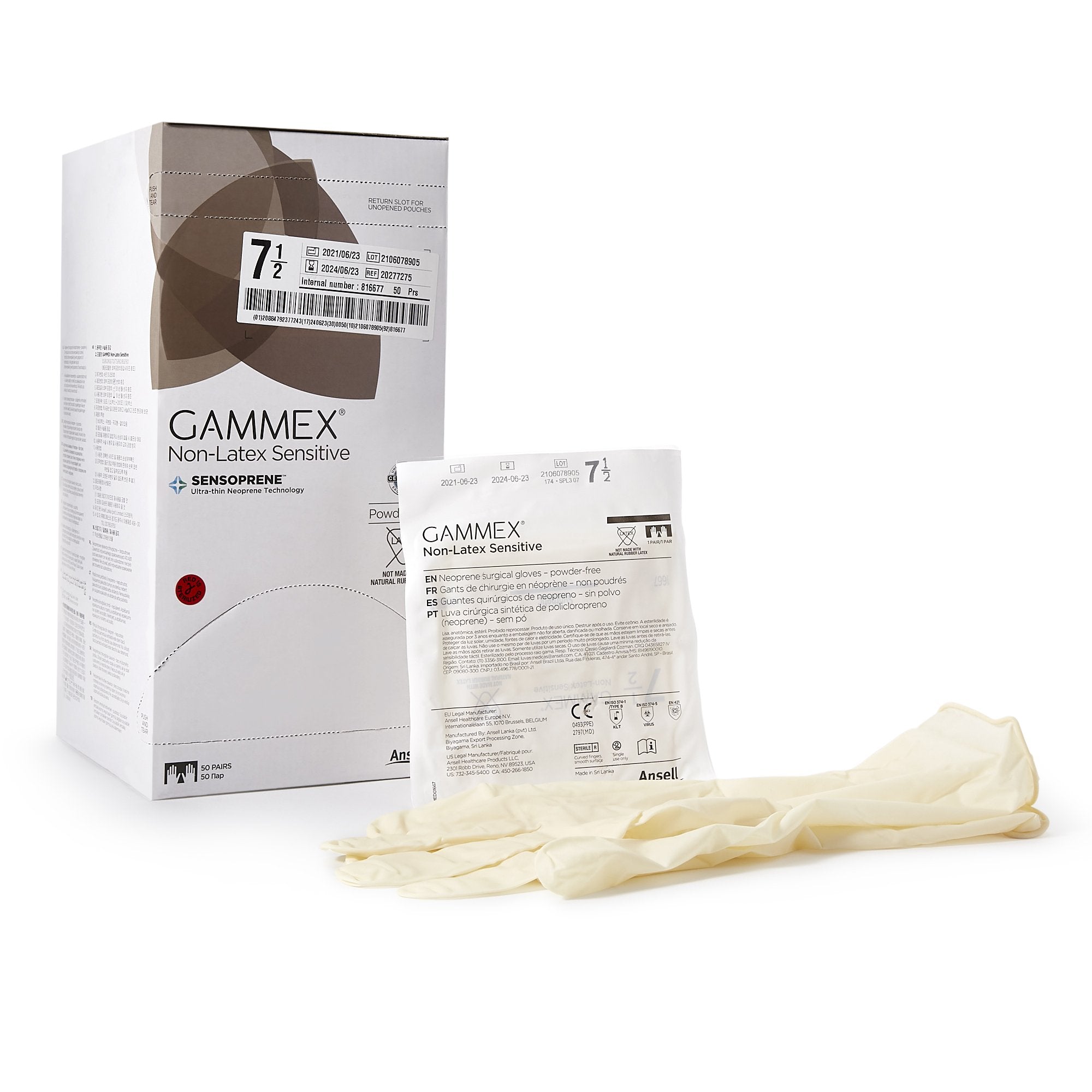 Surgical Glove GAMMEX Non-Latex Sensitive Size 7.5 Sterile Polychloroprene Standard Cuff Length Micro-Textured Cream Chemo Tested, Packaging Type- Box