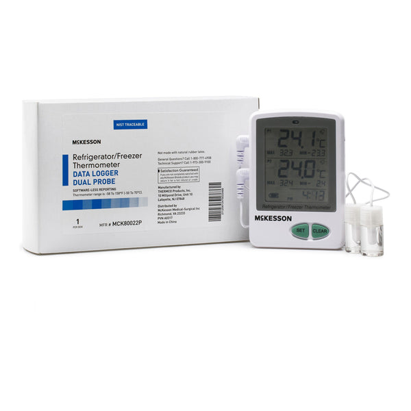 Datalogging Refrigerator / Freezer Thermometer with Alarm McKesson Fahrenheit / Celsius  58° to +158°F ( 50° to +70°C) 2 Glycol Bottle Probes / Internal Sensor Flip out Stand Battery Operated